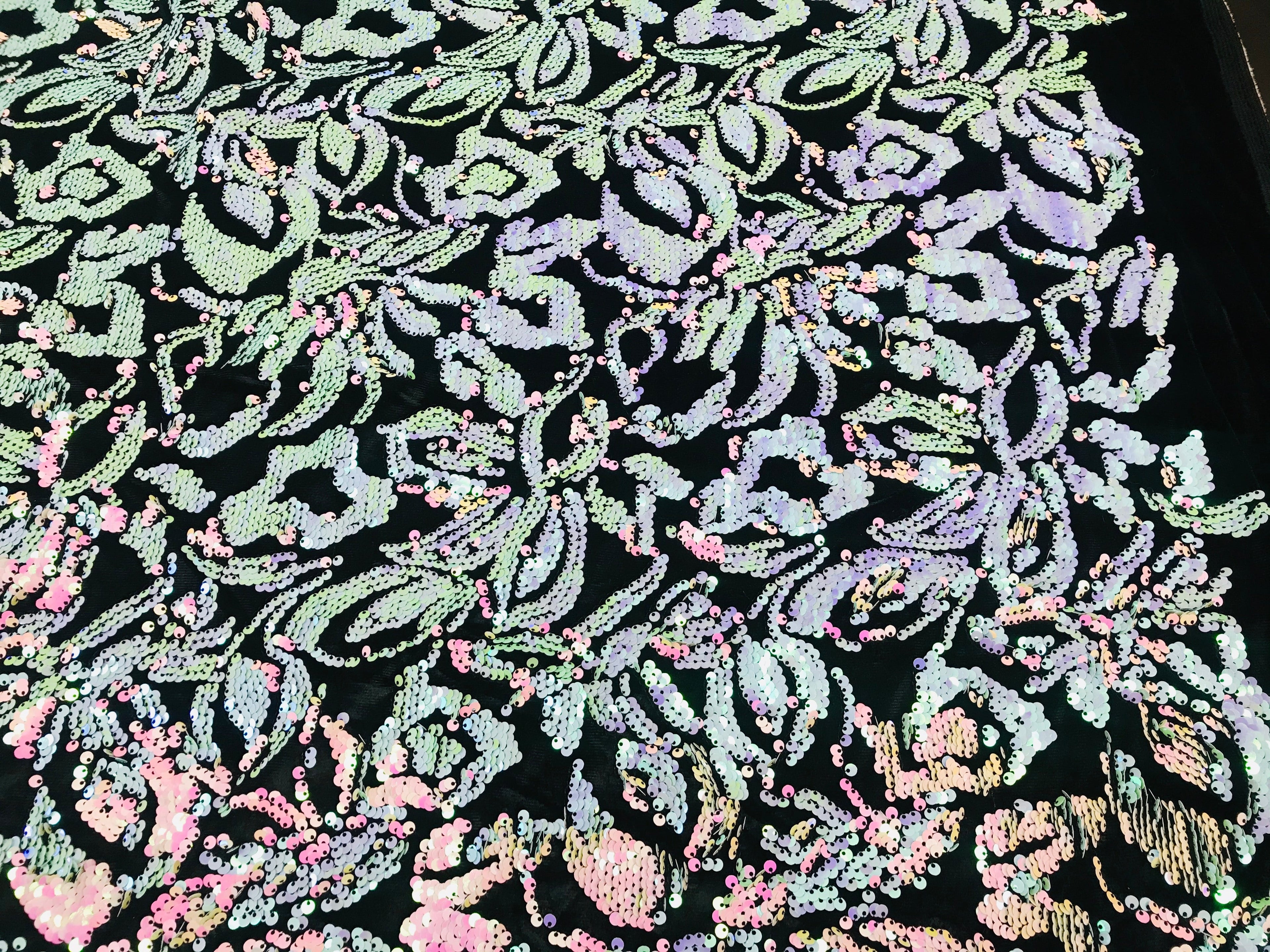 Reversible Velvet Sequins - Iridescent Unicorn - 2 Way Stretch Pattern Sequins on Black Velvet