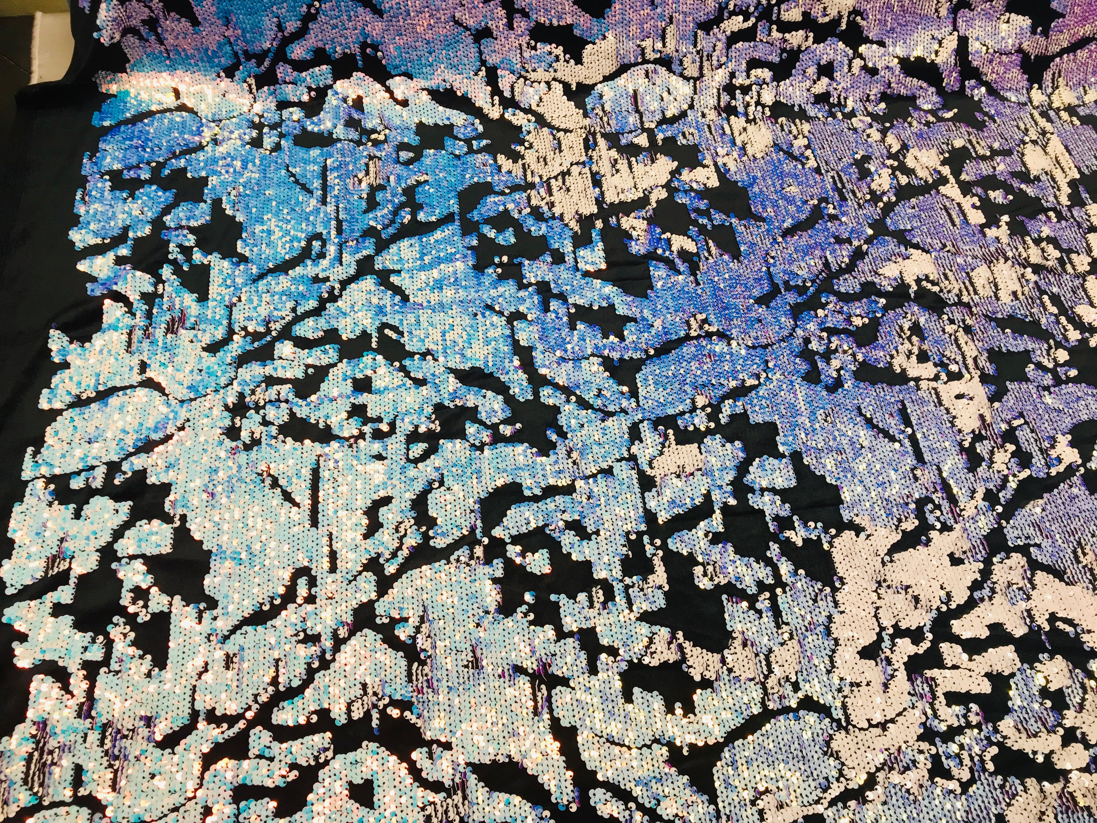 Reversible Velvet Sequins - Iridescent Unicorn - 2 Way Stretch Shiny Sequins Fabric on Black Velvet