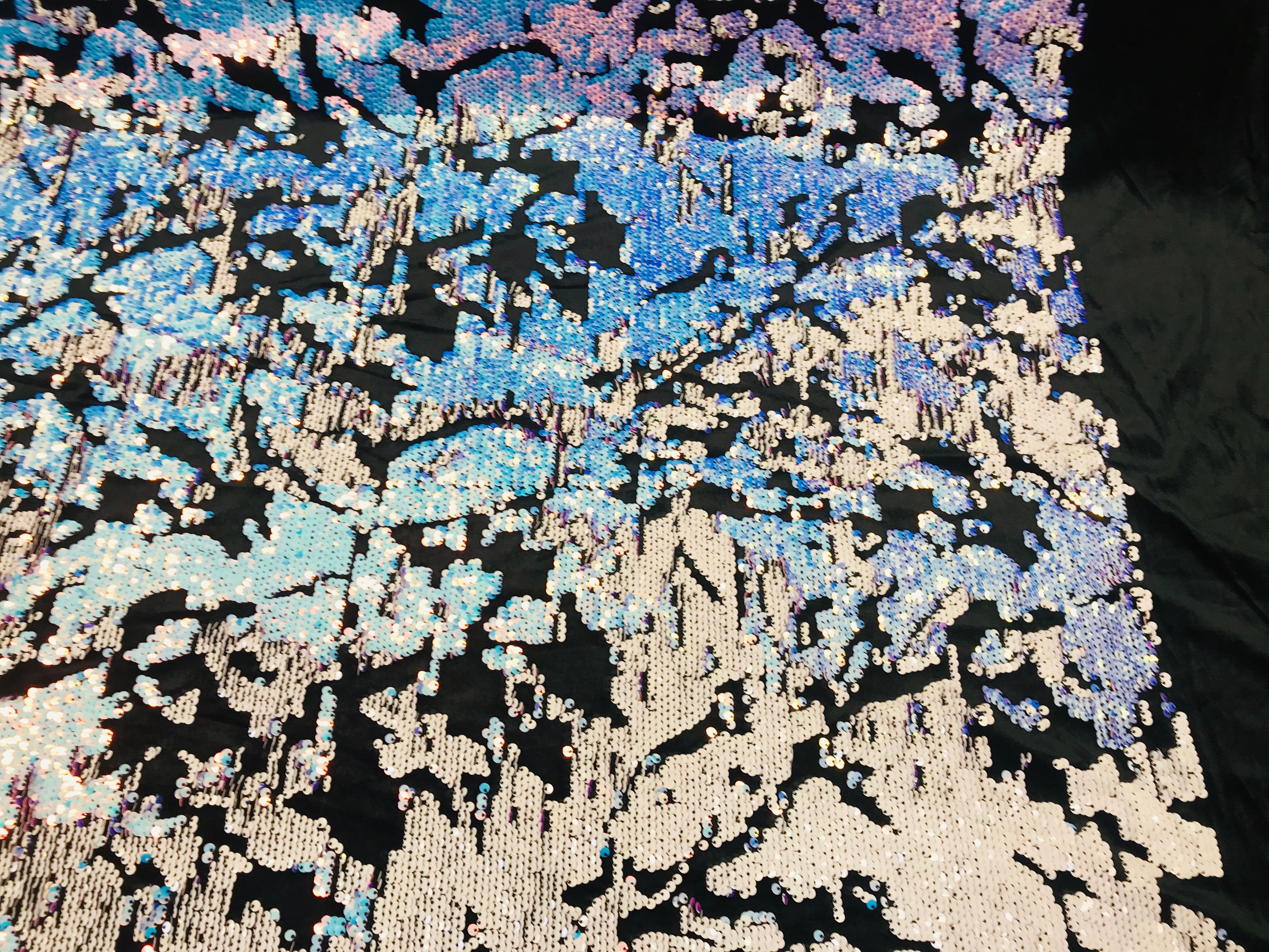 Reversible Velvet Sequins - Iridescent Unicorn - 2 Way Stretch Shiny Sequins Fabric on Black Velvet