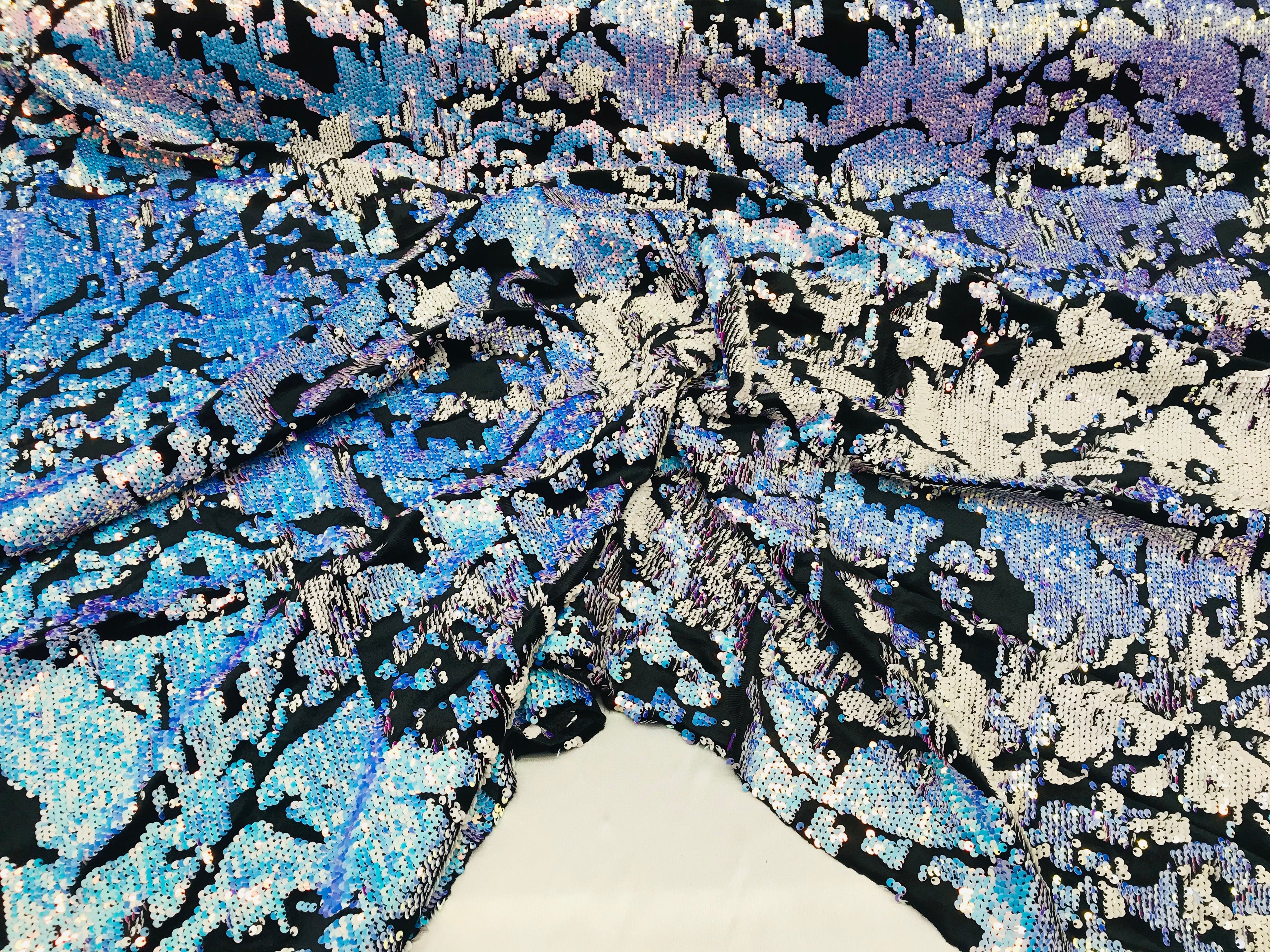 Reversible Velvet Sequins - Iridescent Unicorn - 2 Way Stretch Shiny Sequins Fabric on Black Velvet