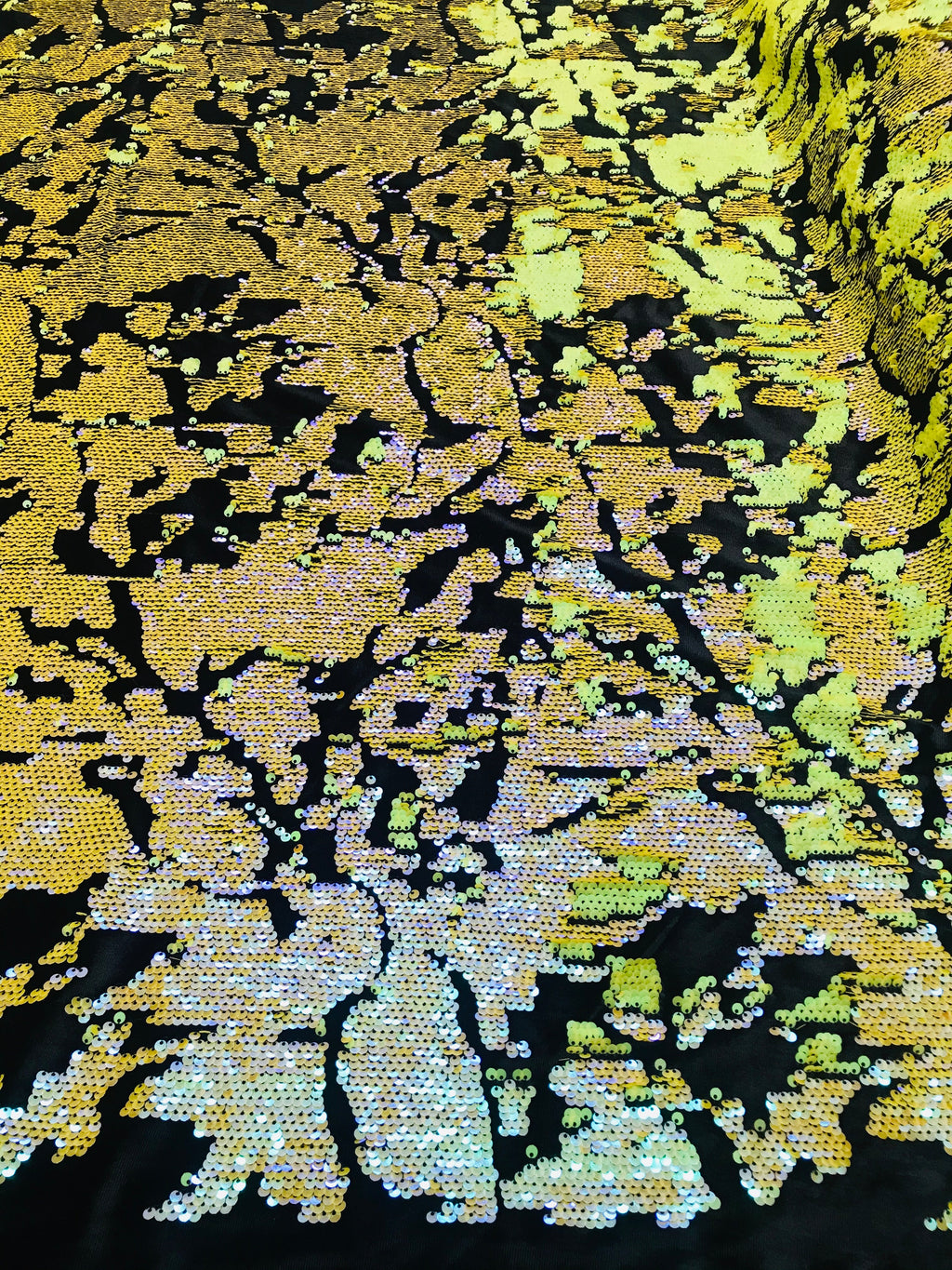 Reversible Velvet Sequins - Iridescent Yellow - 2 Way Stretch Shiny Sequins Fabric Black Velvet