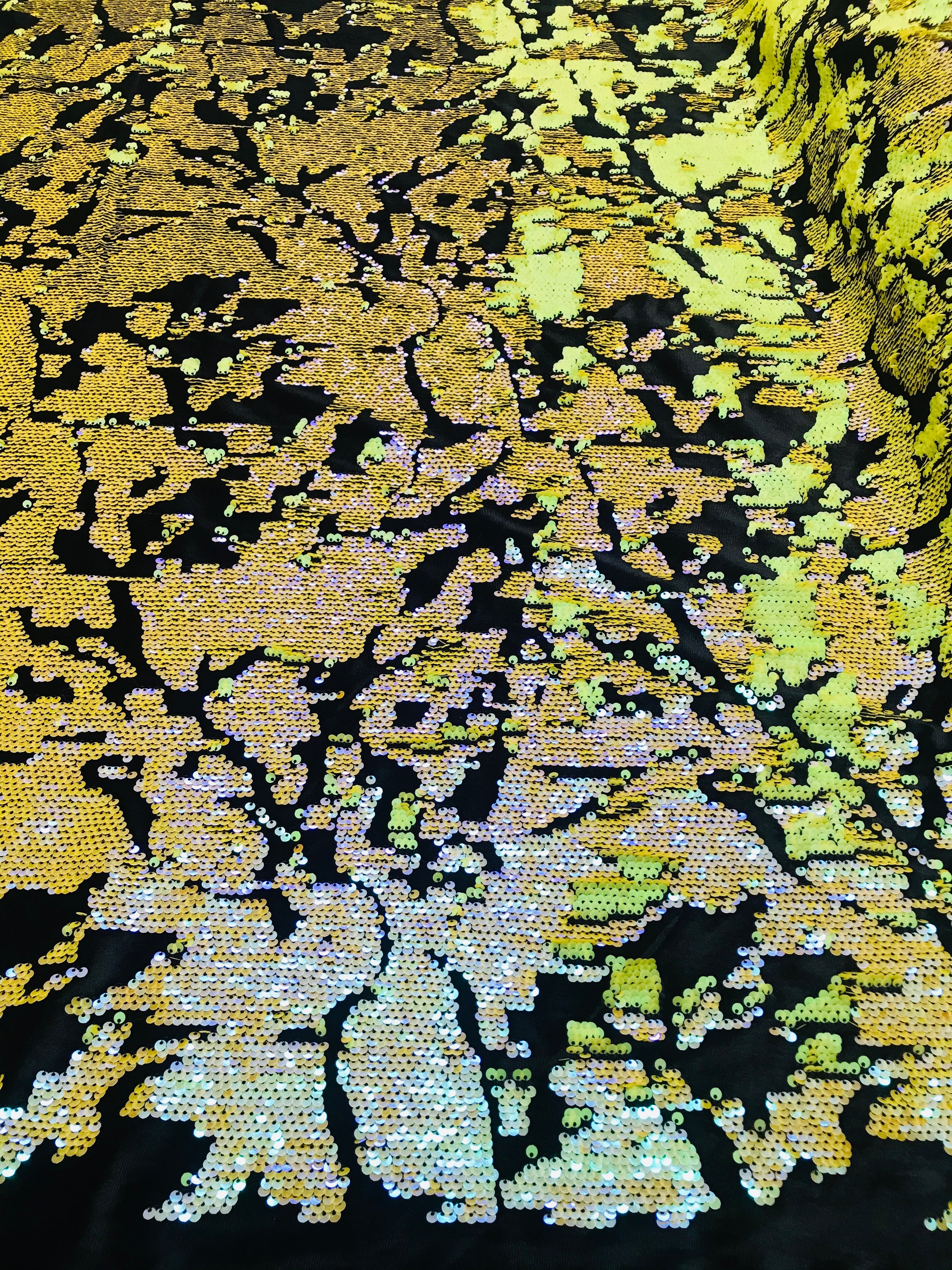 Reversible Velvet Sequins - Iridescent Yellow - 2 Way Stretch Shiny Sequins Fabric Black Velvet