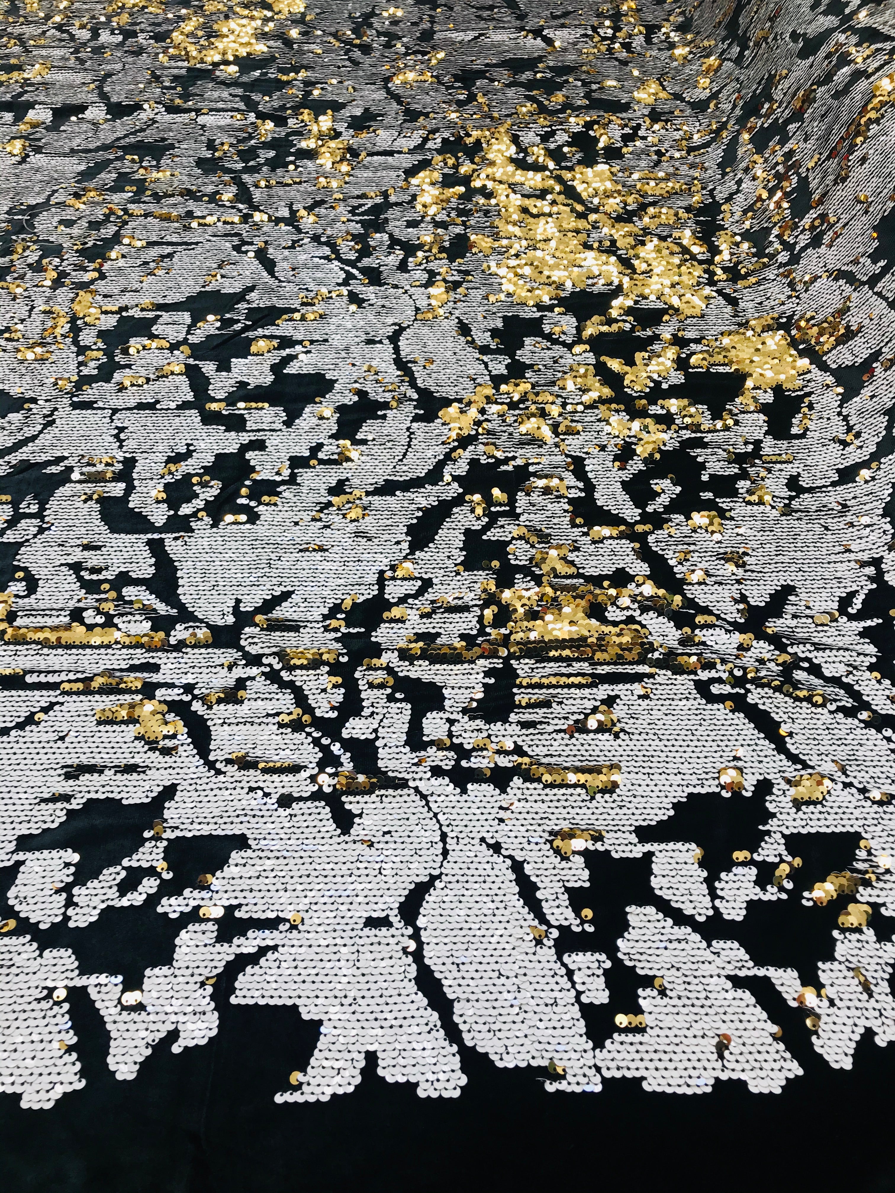 Reversible Velvet Sequins - White / Gold - 2 Way Stretch Shiny Sequins Fabric on Black Velvet