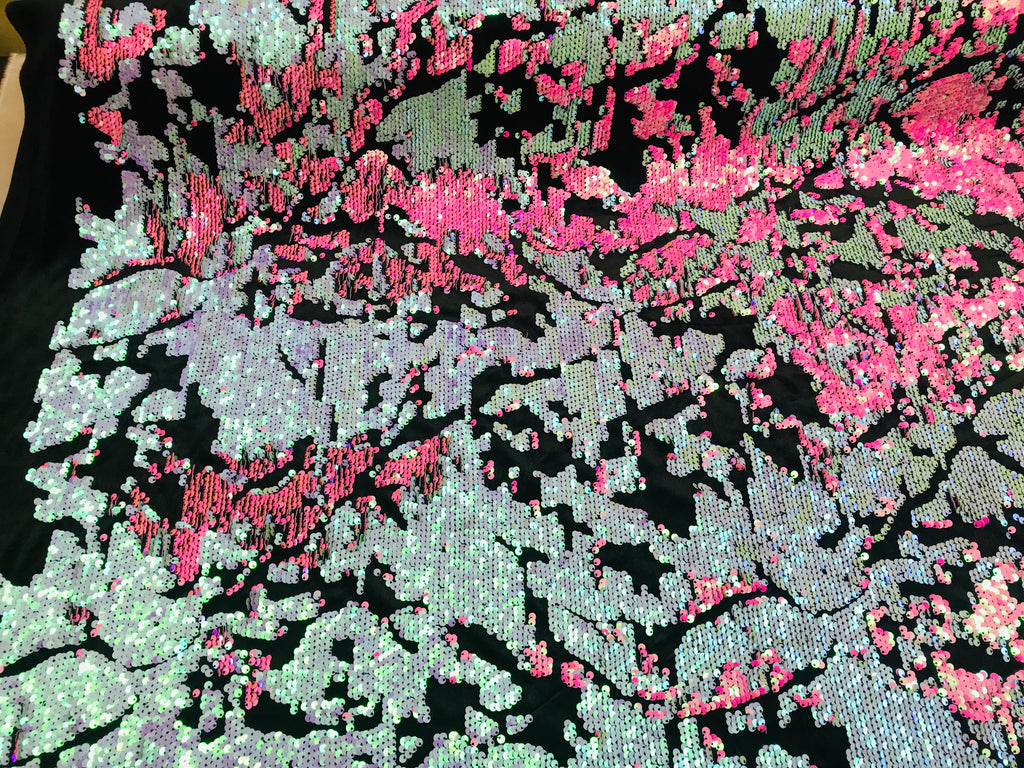 Reversible Velvet Sequins Hot Pink / Iridescent Pink 2 Way Stretch Shiny Sequins Fabric Black Velvet