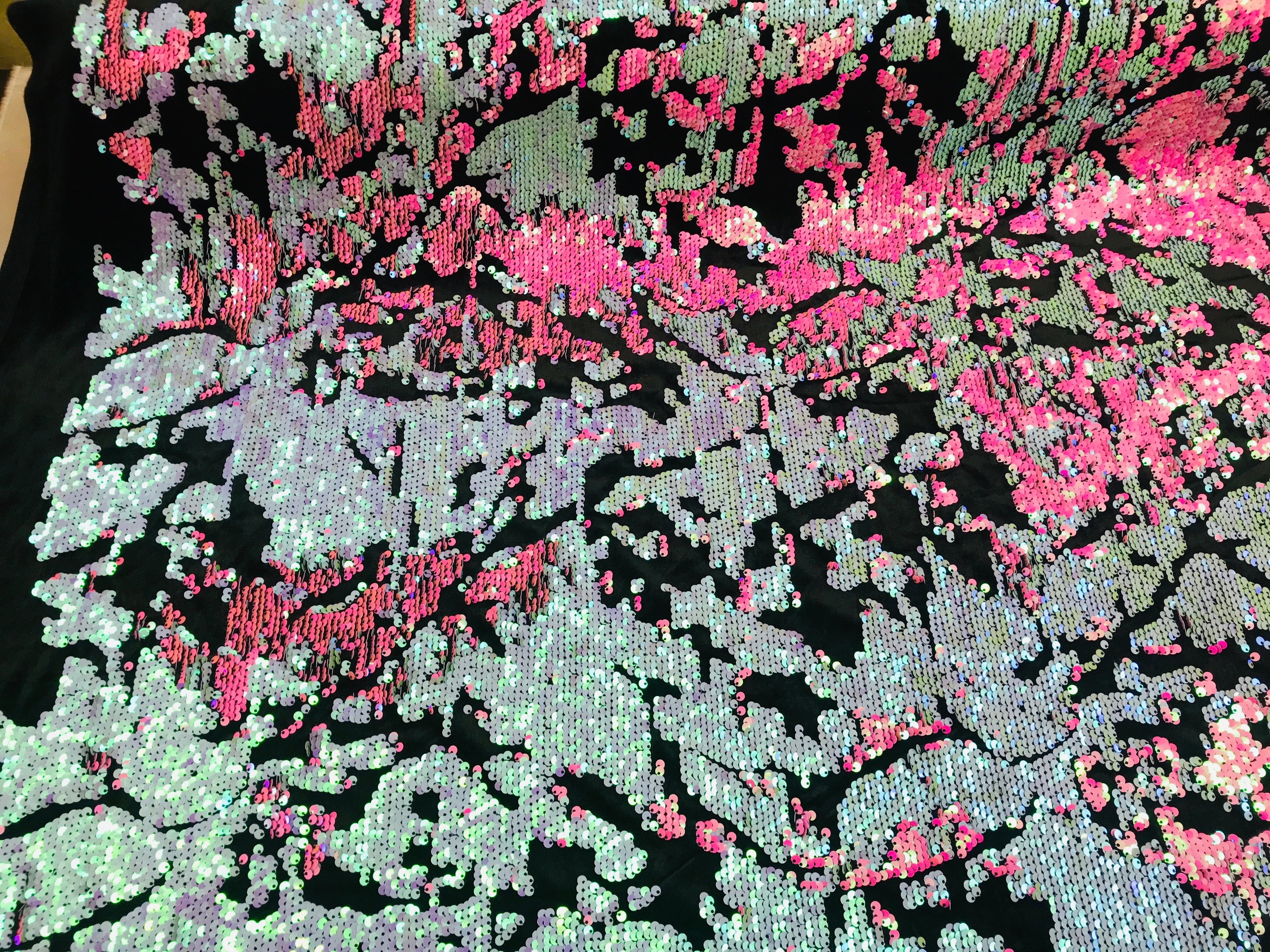 Reversible Velvet Sequins Hot Pink / Iridescent Pink 2 Way Stretch Shiny Sequins Fabric Black Velvet