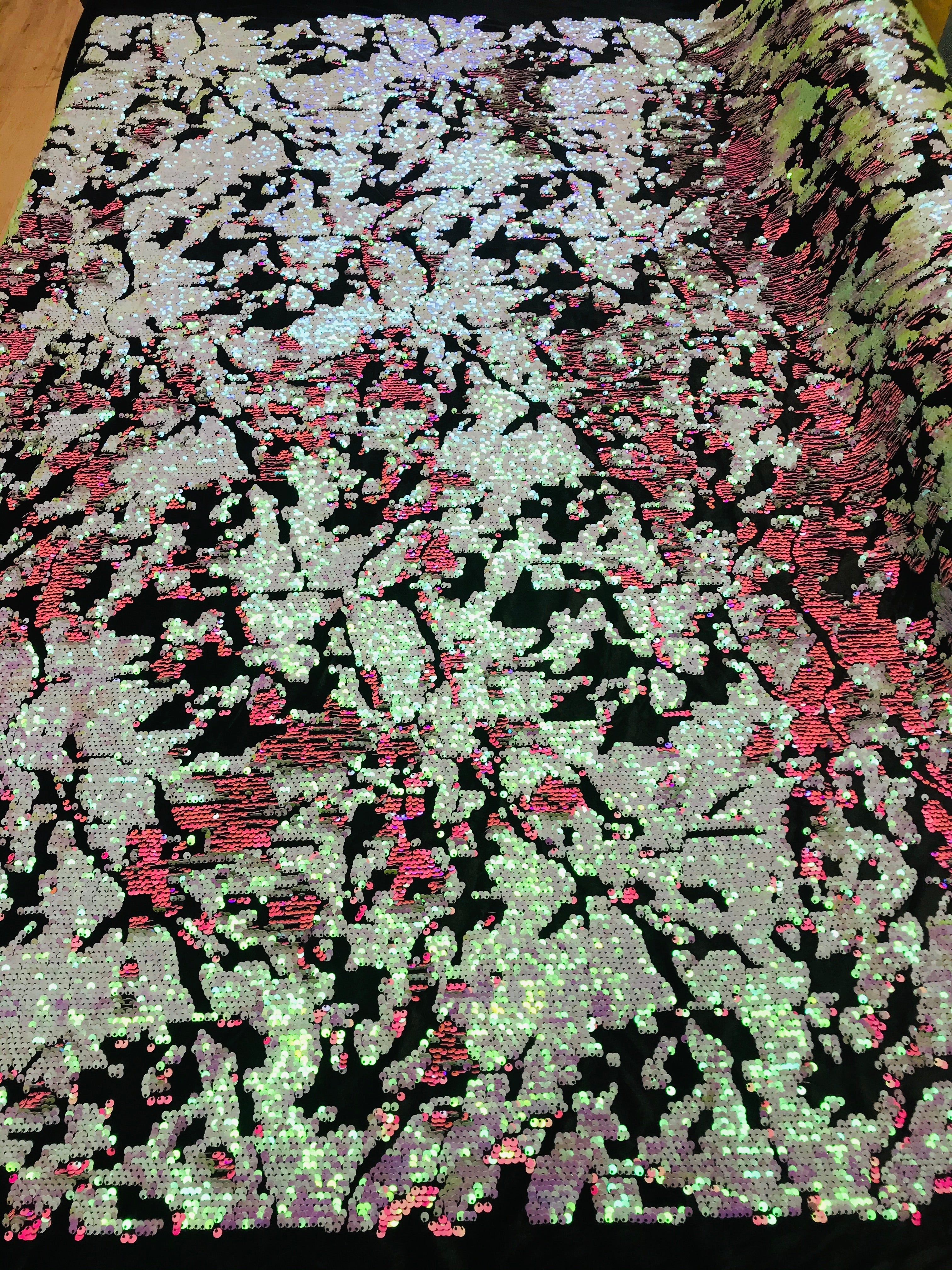 Reversible Velvet Sequins Hot Pink / Iridescent Pink 2 Way Stretch Shiny Sequins Fabric Black Velvet