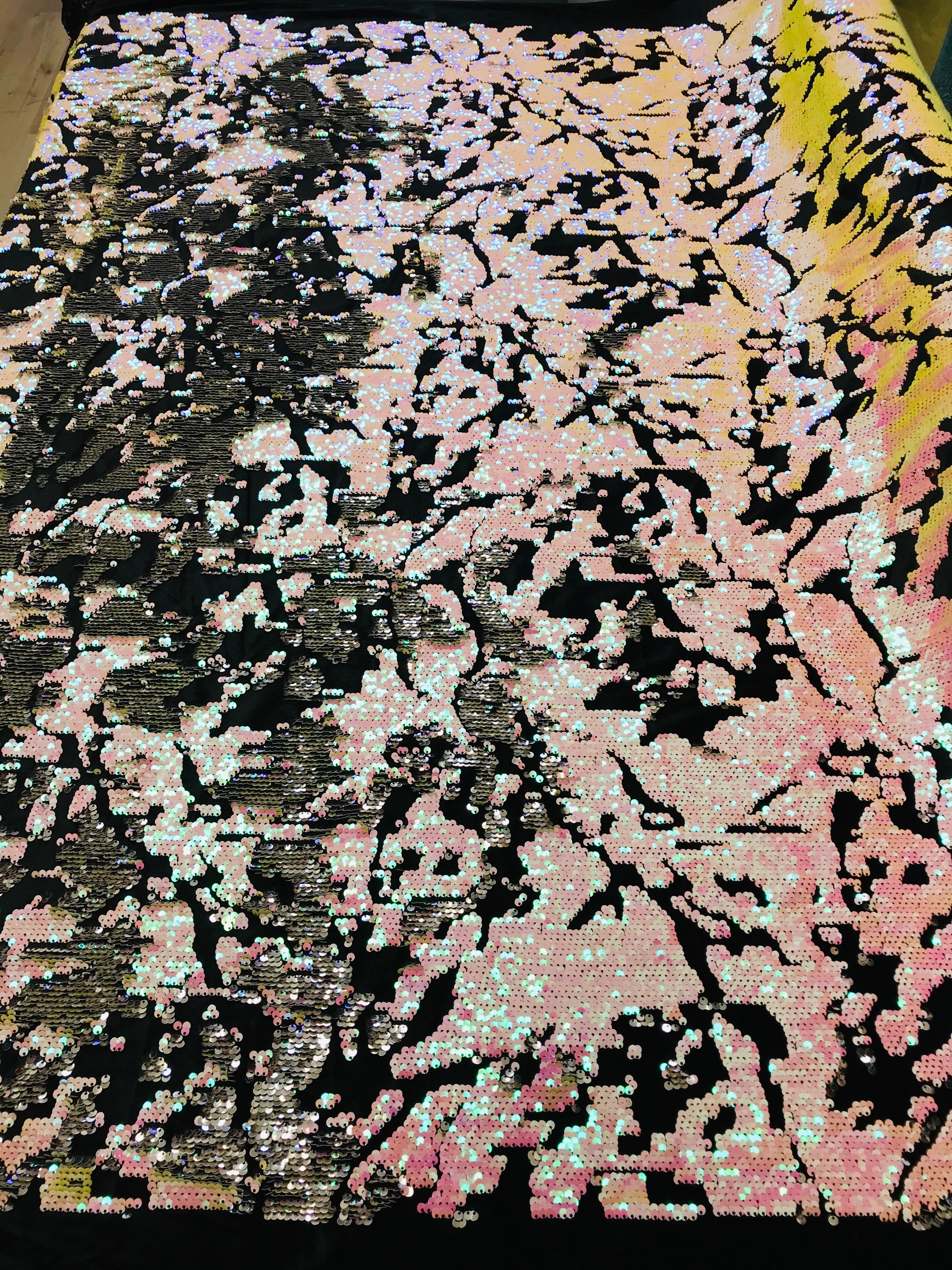 Reversible Velvet Sequins - White Pink / Silver - 2 Way Stretch Shiny Sequins Fabric on Black Velvet