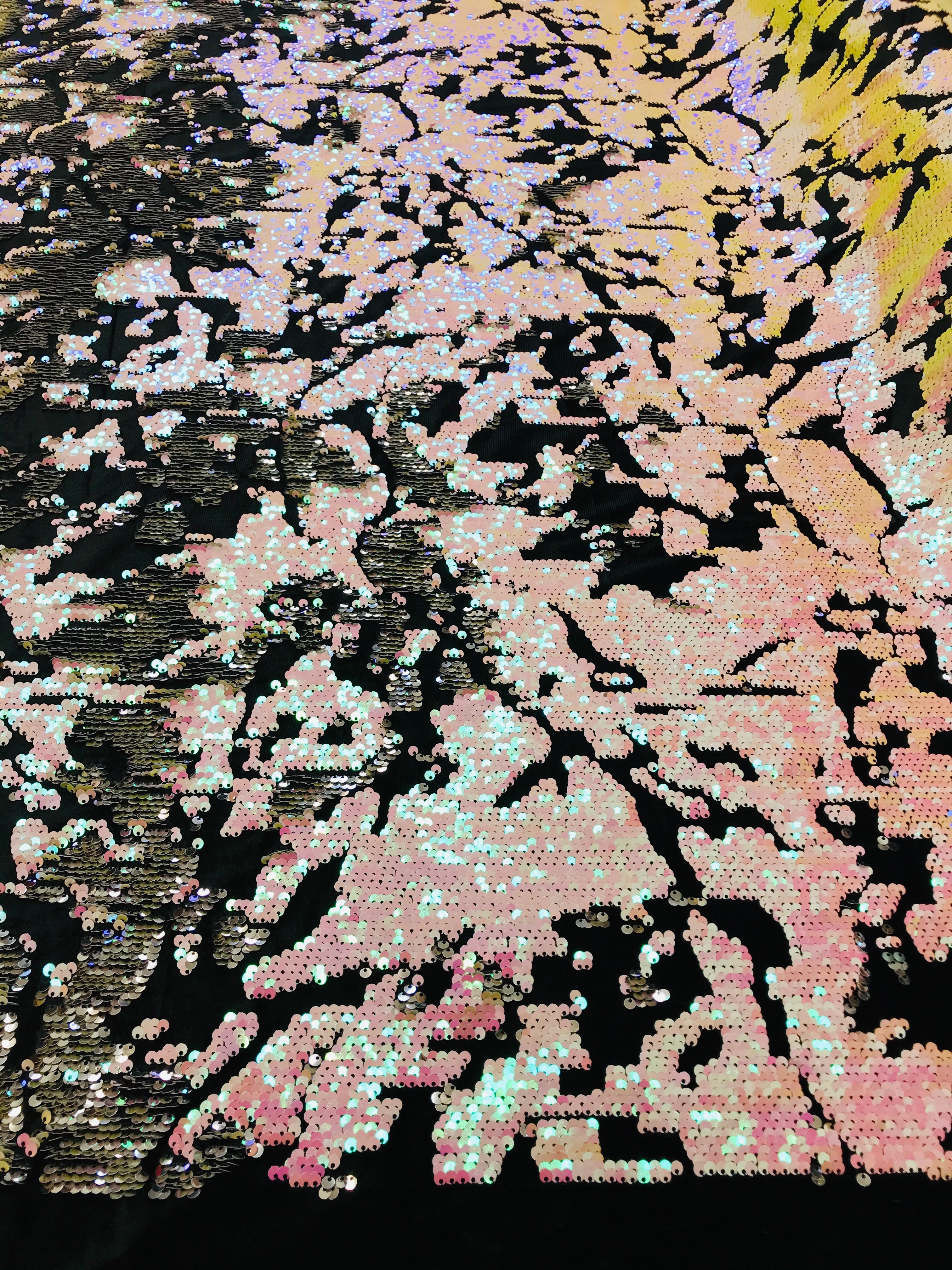 Reversible Velvet Sequins - White Pink / Silver - 2 Way Stretch Shiny Sequins Fabric on Black Velvet