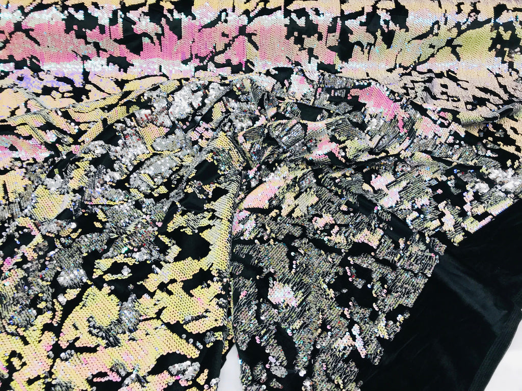 Reversible Velvet Sequins - White Pink / Silver - 2 Way Stretch Shiny Sequins Fabric on Black Velvet