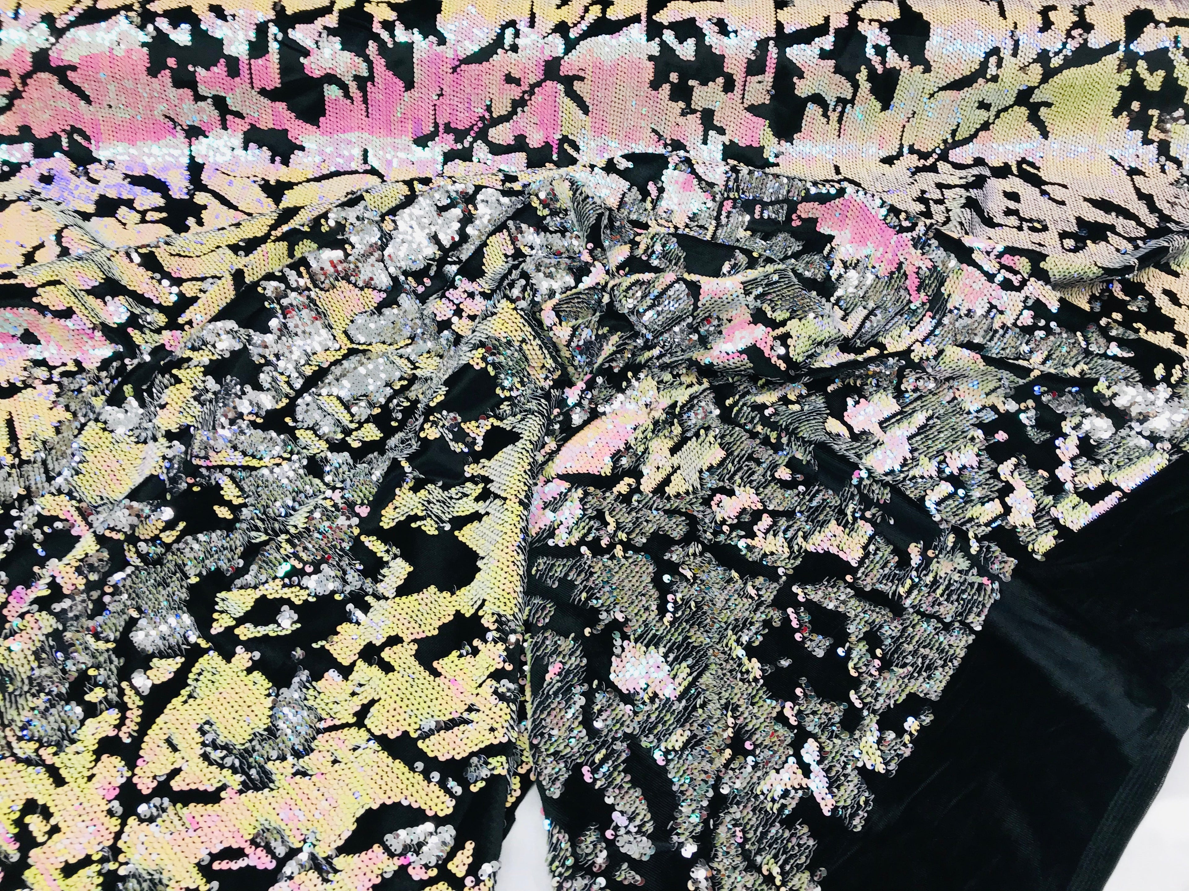 Reversible Velvet Sequins - White Pink / Silver - 2 Way Stretch Shiny Sequins Fabric on Black Velvet
