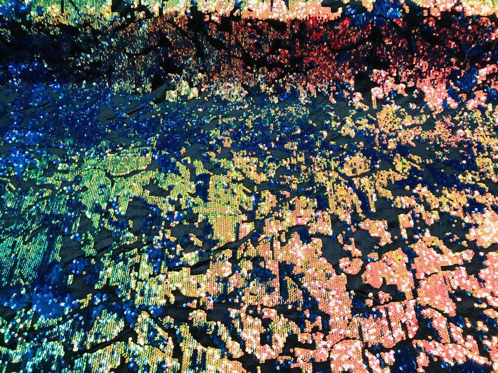 Reversible Velvet Sequins - Iridescent Blue Rainbow  2 Way Stretch Shiny Sequins Fabric Black Velvet