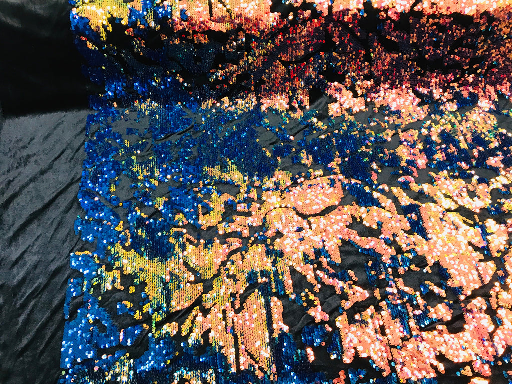 Reversible Velvet Sequins - Iridescent Blue Rainbow  2 Way Stretch Shiny Sequins Fabric Black Velvet