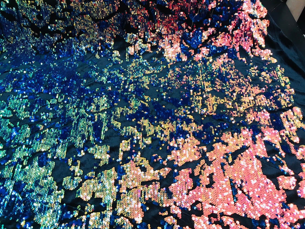 Reversible Velvet Sequins - Iridescent Blue Rainbow  2 Way Stretch Shiny Sequins Fabric Black Velvet