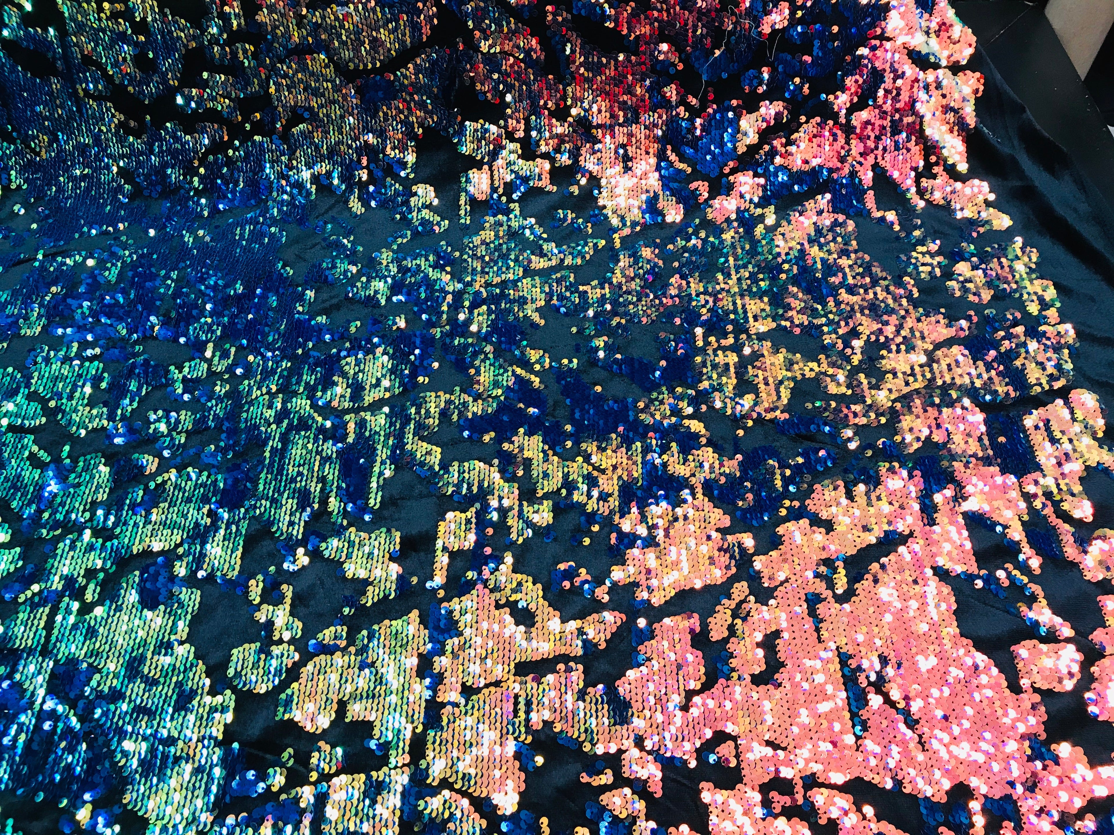 Reversible Velvet Sequins - Iridescent Blue Rainbow  2 Way Stretch Shiny Sequins Fabric Black Velvet