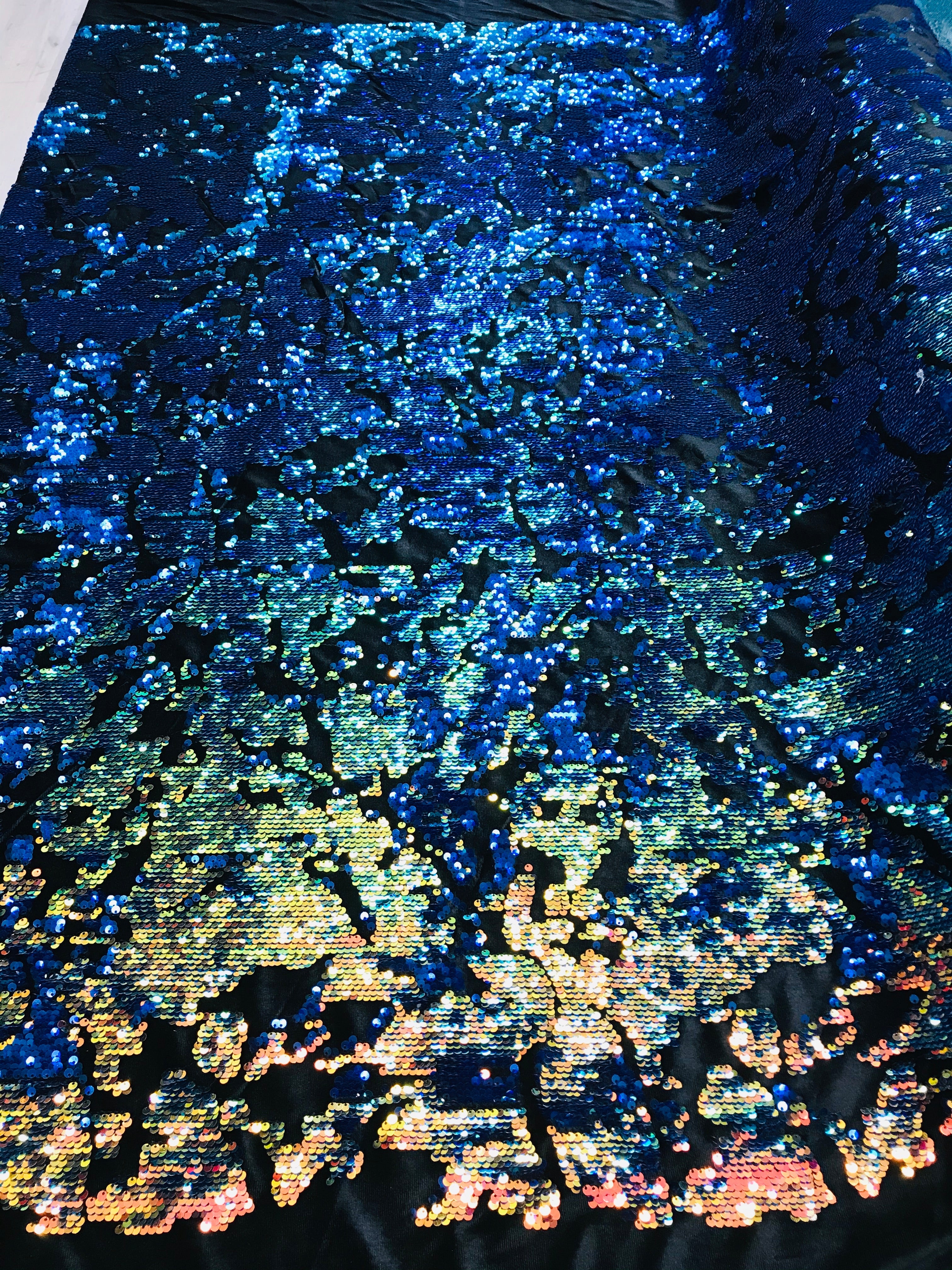 Reversible Velvet Sequins - Iridescent Blue Rainbow  2 Way Stretch Shiny Sequins Fabric Black Velvet
