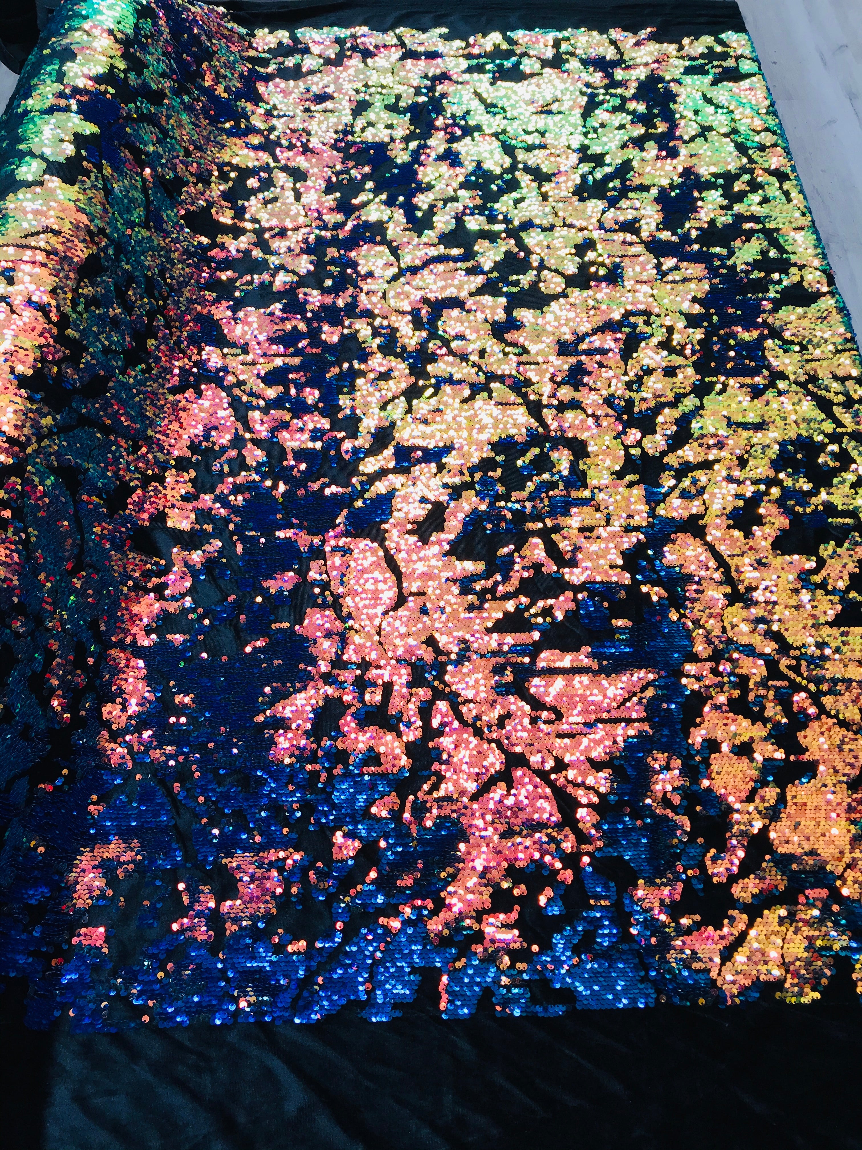 Reversible Velvet Sequins - Iridescent Blue Rainbow  2 Way Stretch Shiny Sequins Fabric Black Velvet