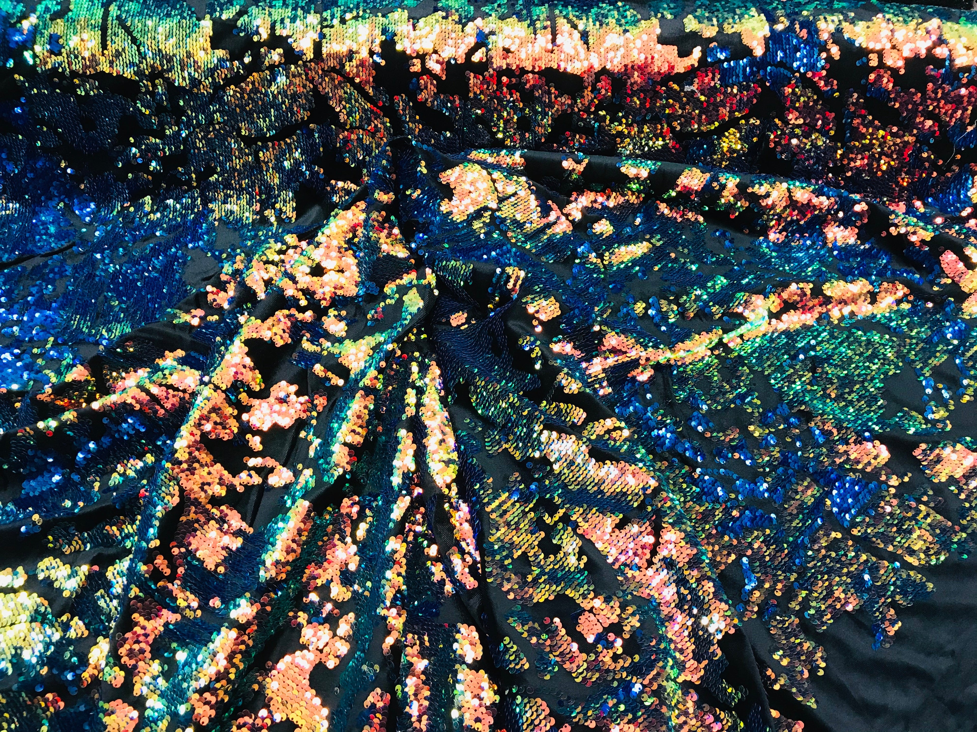 Reversible Velvet Sequins - Iridescent Blue Rainbow  2 Way Stretch Shiny Sequins Fabric Black Velvet