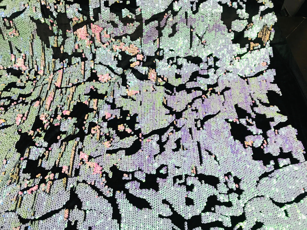 Reversible Velvet Sequins - Pink / Lilac Iridescent 2 Way Stretch Shiny Sequins Fabric Black Velvet