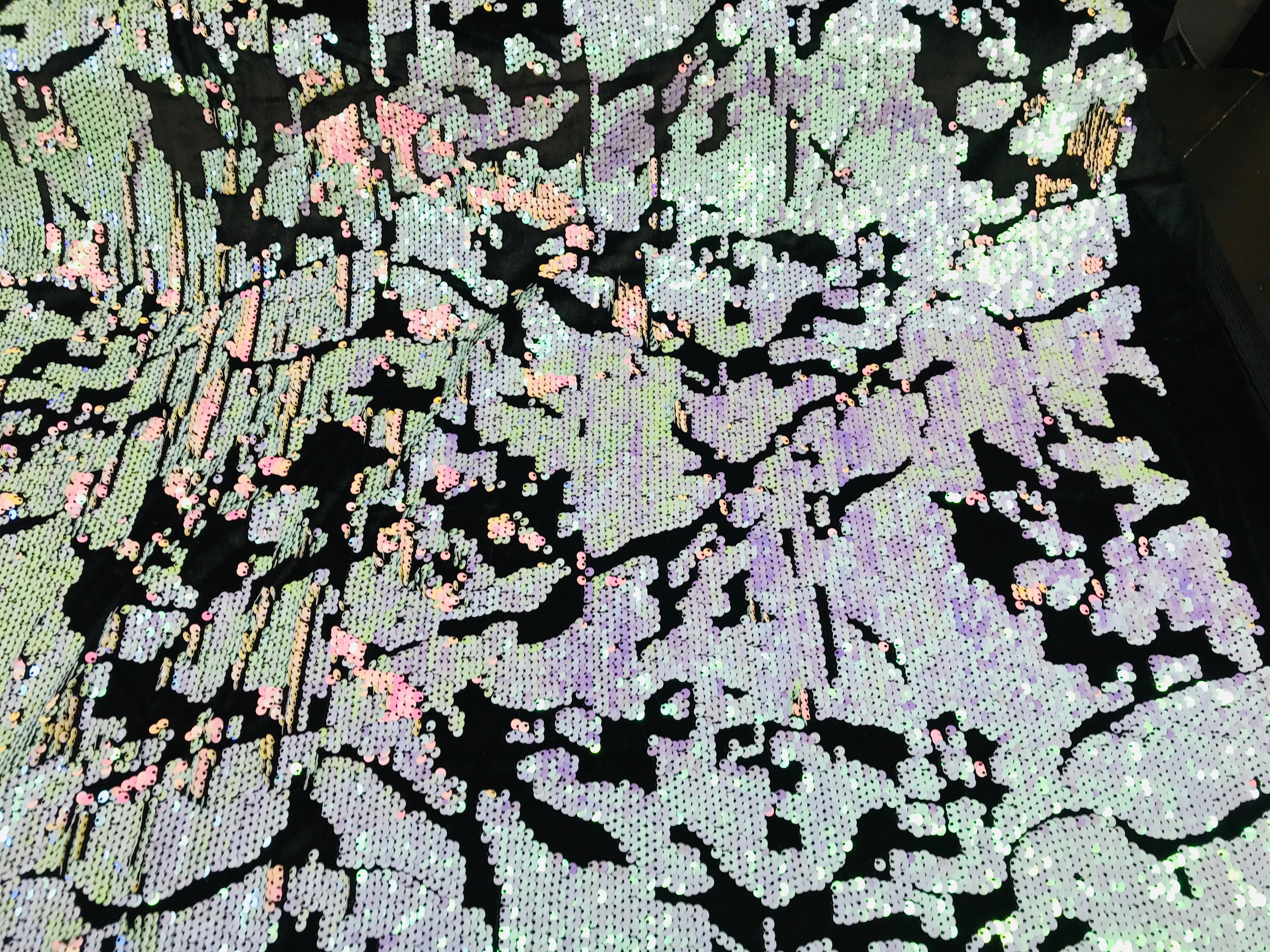 Reversible Velvet Sequins - Pink / Lilac Iridescent 2 Way Stretch Shiny Sequins Fabric Black Velvet