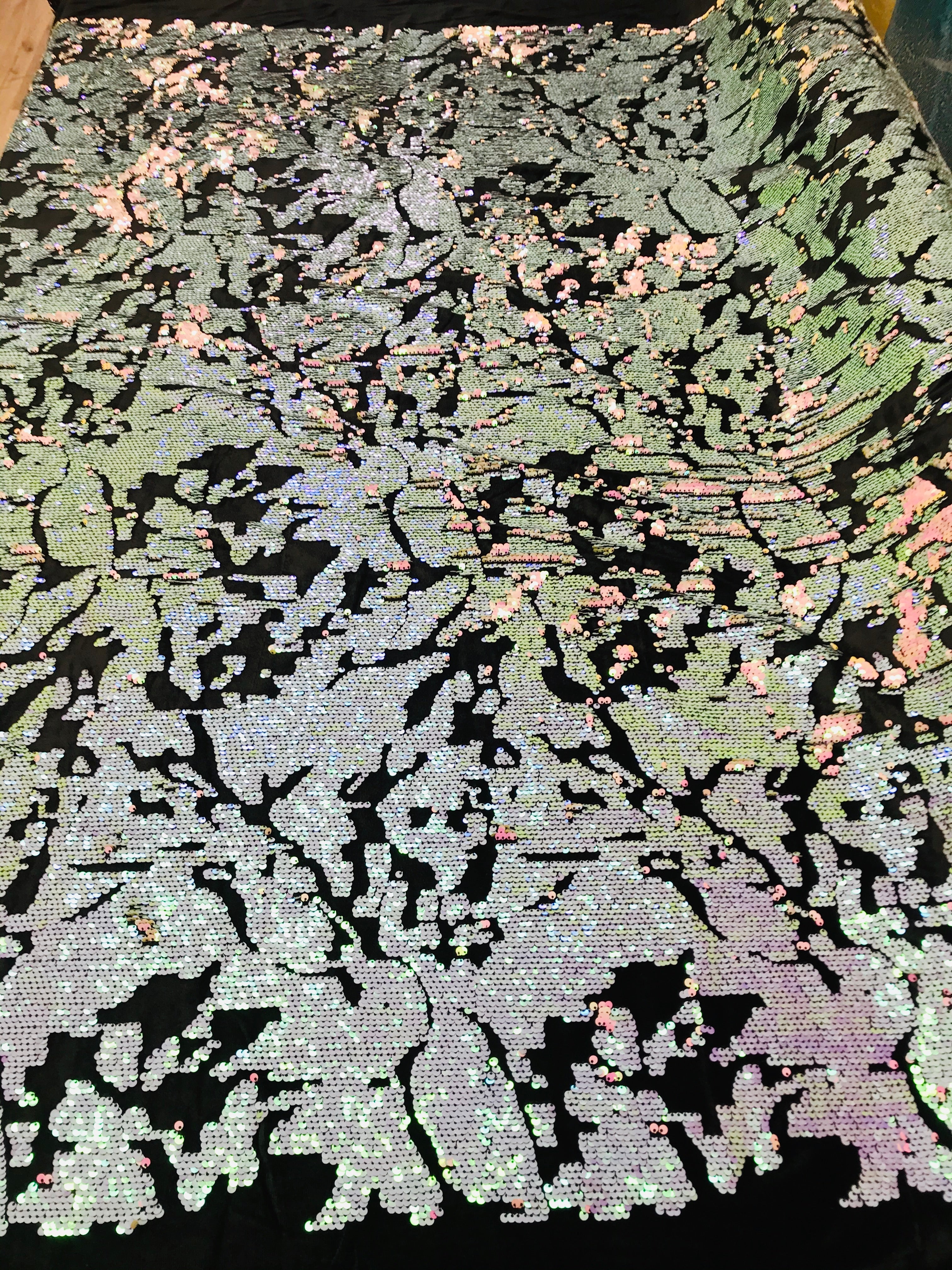 Reversible Velvet Sequins - Pink / Lilac Iridescent 2 Way Stretch Shiny Sequins Fabric Black Velvet