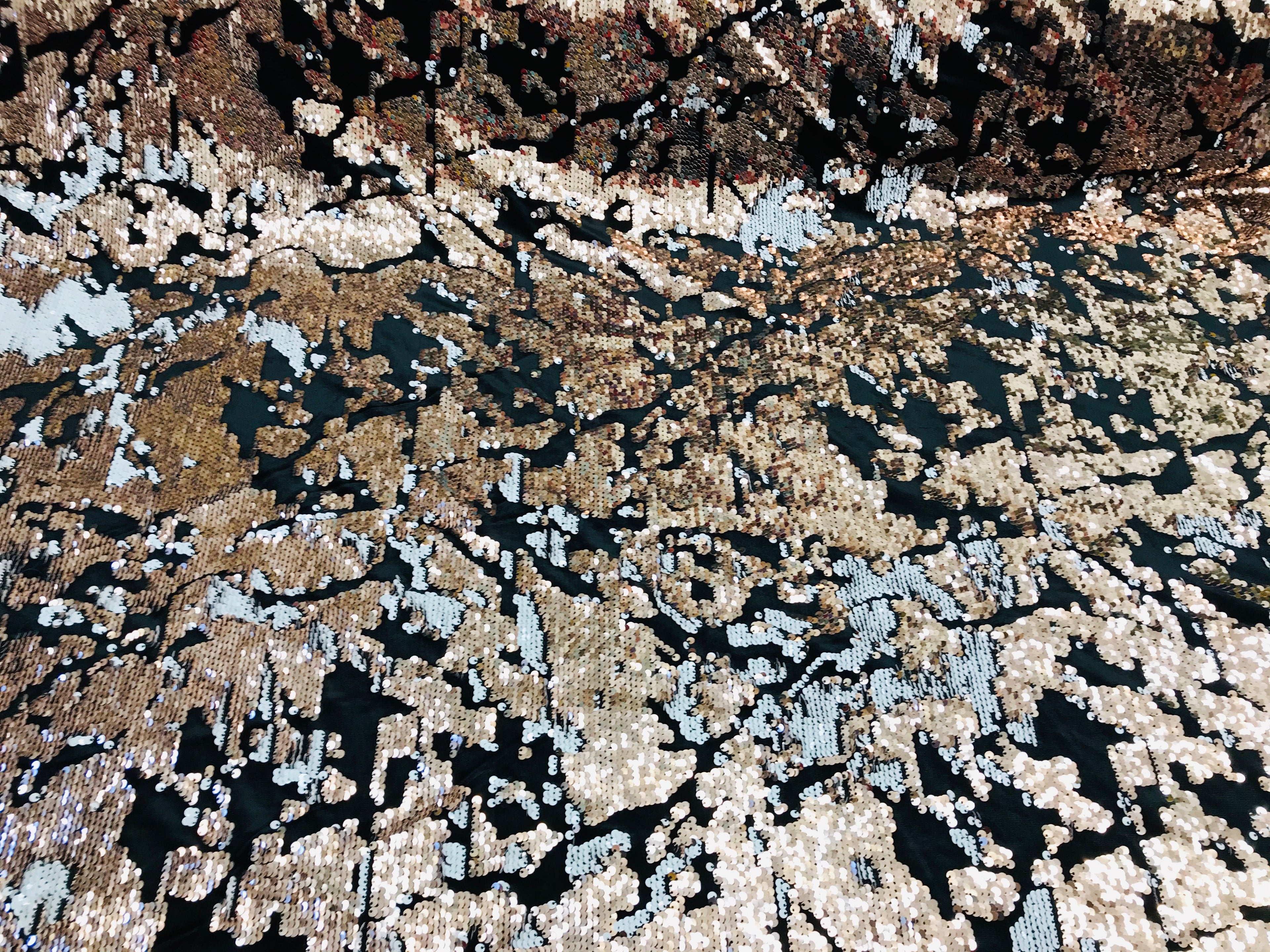 Reversible Velvet Sequins - Rose Gold / White - 2 Way Stretch Shiny Sequins Fabric on Black Velvet