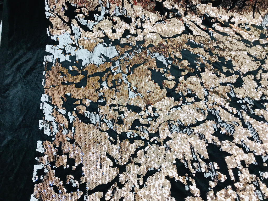 Reversible Velvet Sequins - Rose Gold / White - 2 Way Stretch Shiny Sequins Fabric on Black Velvet