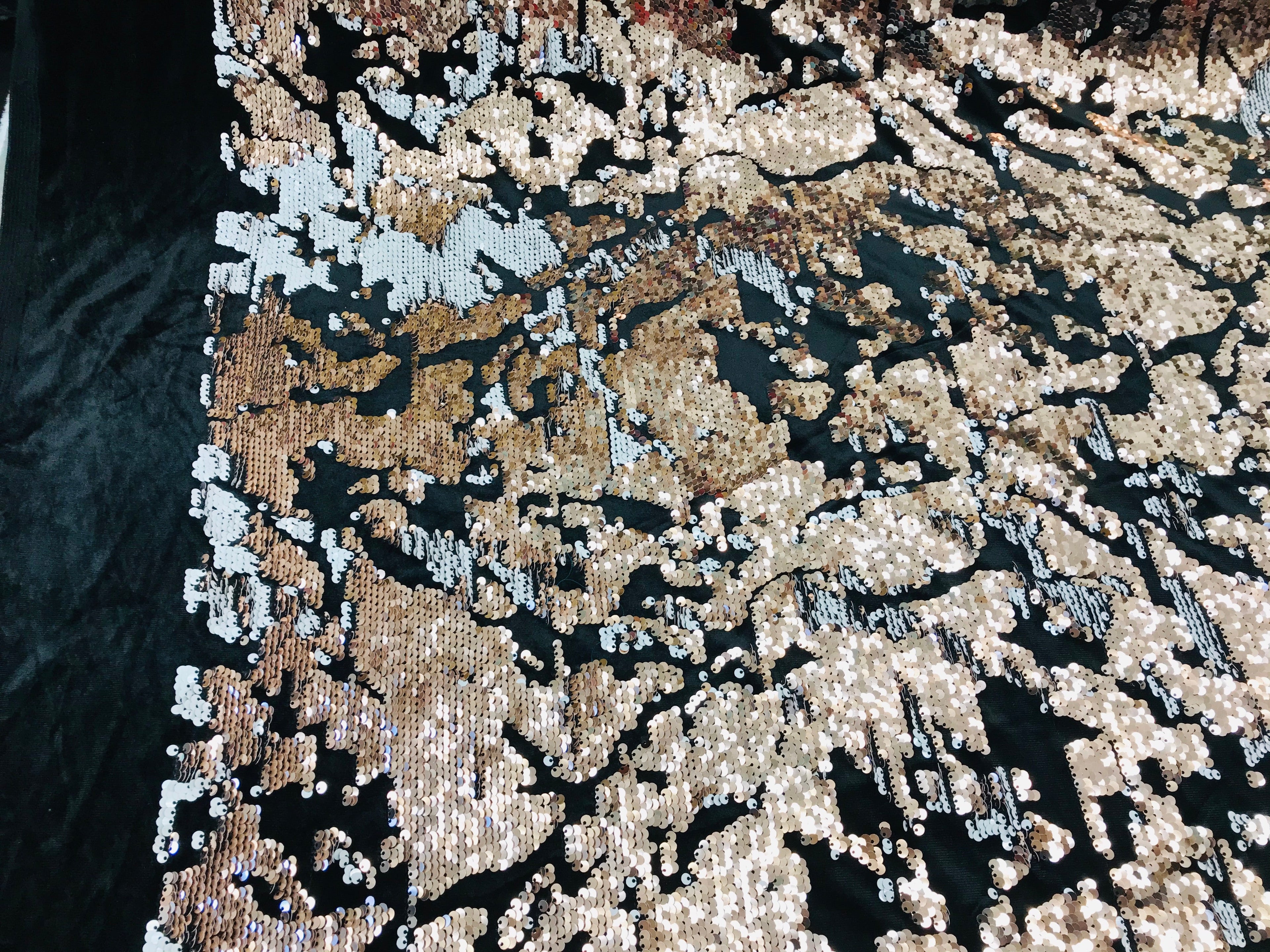 Reversible Velvet Sequins - Rose Gold / White - 2 Way Stretch Shiny Sequins Fabric on Black Velvet