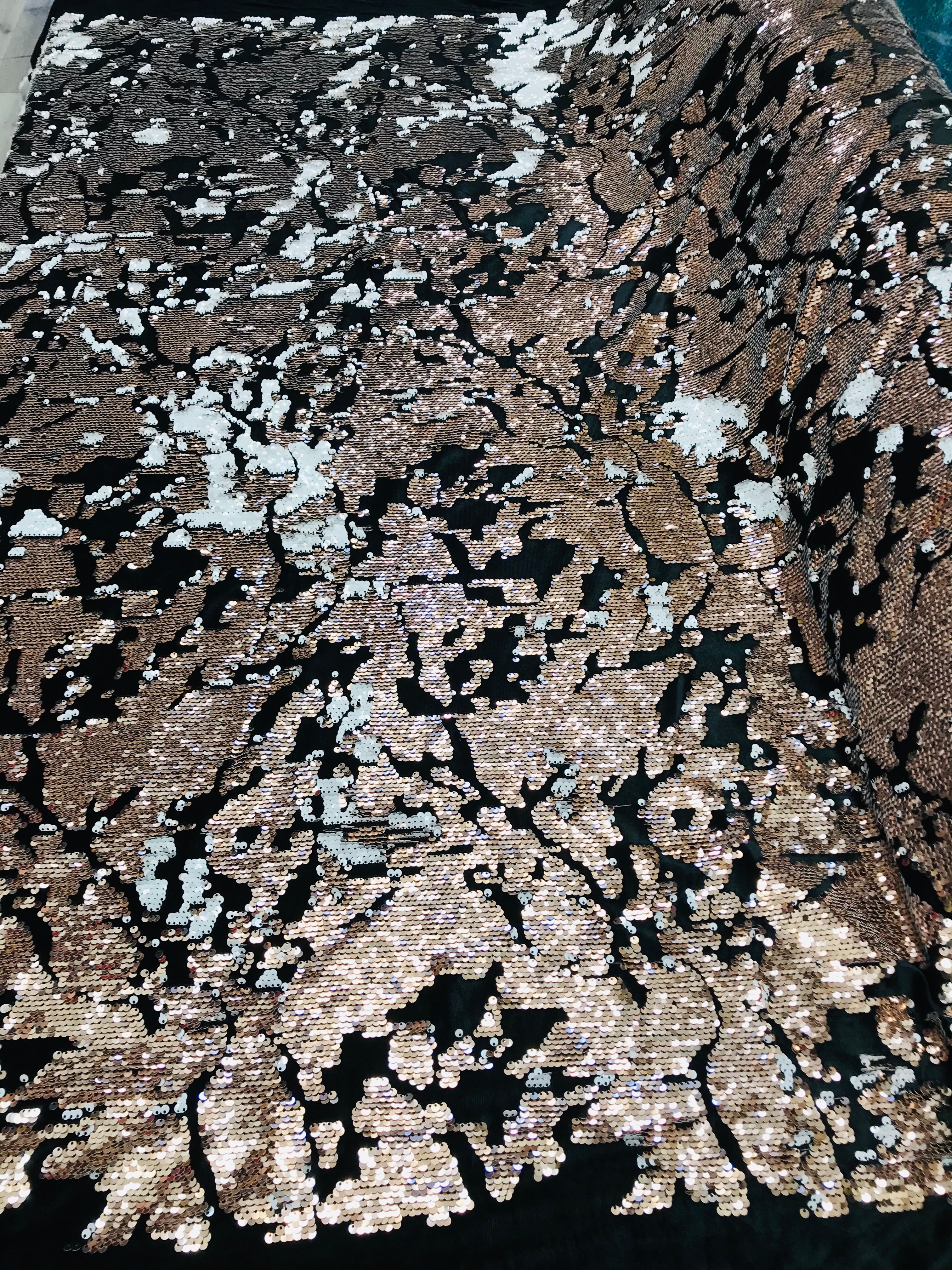 Reversible Velvet Sequins - Rose Gold / White - 2 Way Stretch Shiny Sequins Fabric on Black Velvet