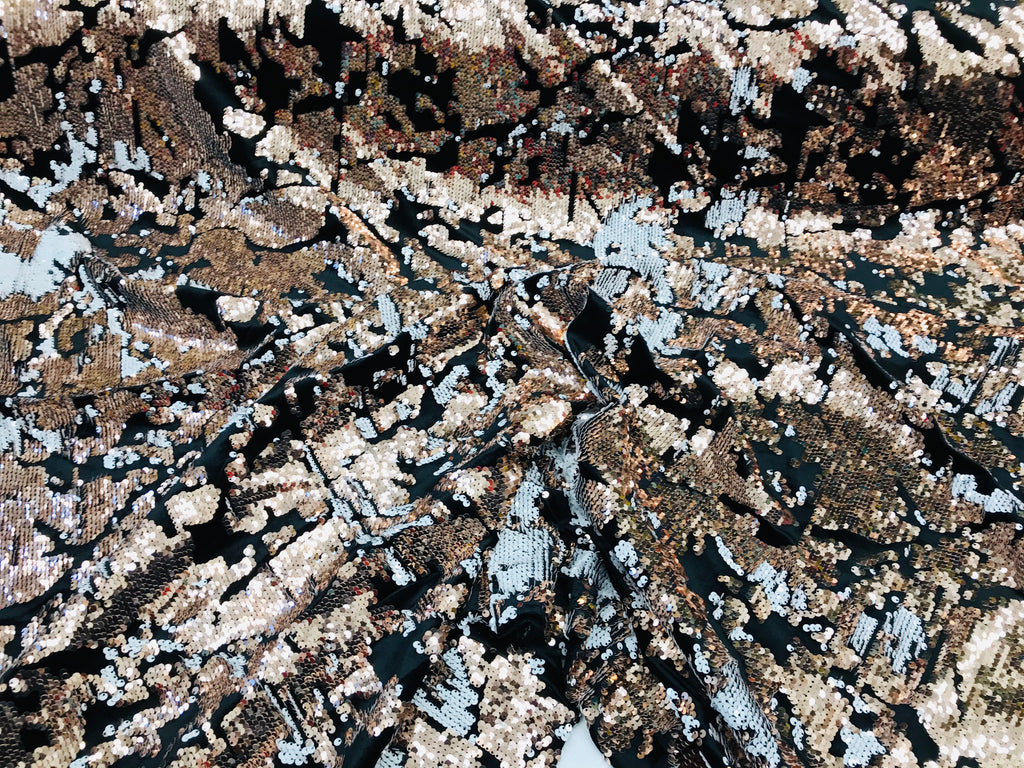 Reversible Velvet Sequins - Rose Gold / White - 2 Way Stretch Shiny Sequins Fabric on Black Velvet