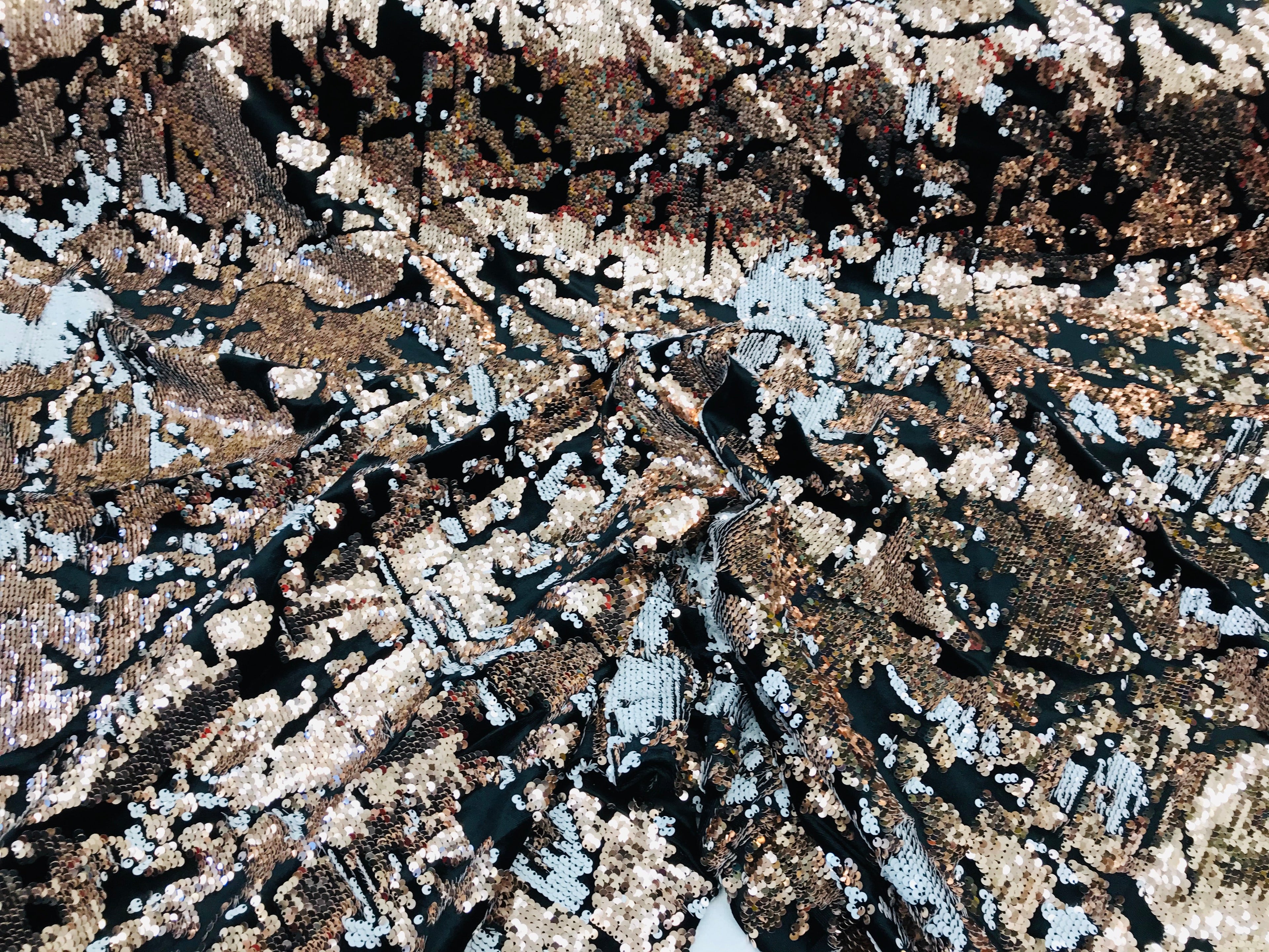 Reversible Velvet Sequins - Rose Gold / White - 2 Way Stretch Shiny Sequins Fabric on Black Velvet