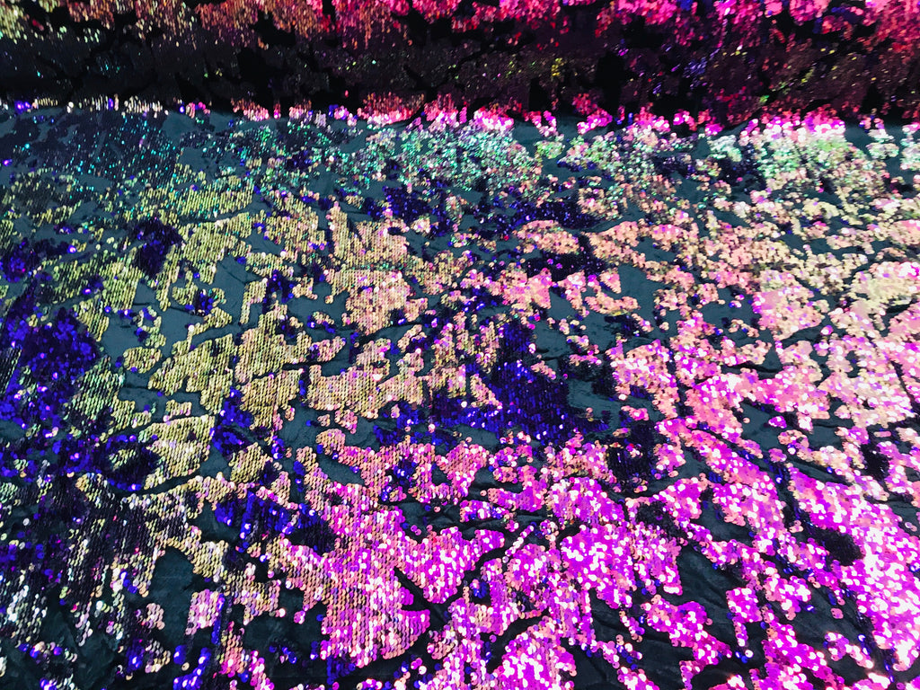 Reversible Velvet Sequins - Iridescent Purple - 2 Way Stretch Shiny Sequins Fabric on Black Velvet