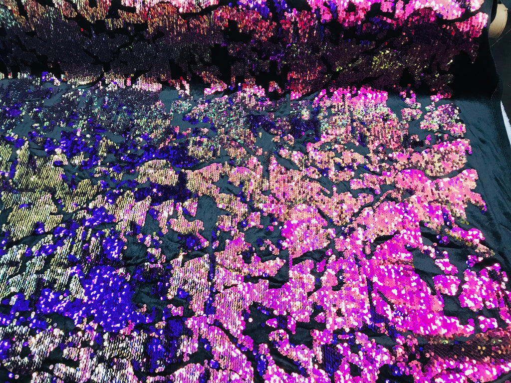 Reversible Velvet Sequins - Iridescent Purple - 2 Way Stretch Shiny Sequins Fabric on Black Velvet