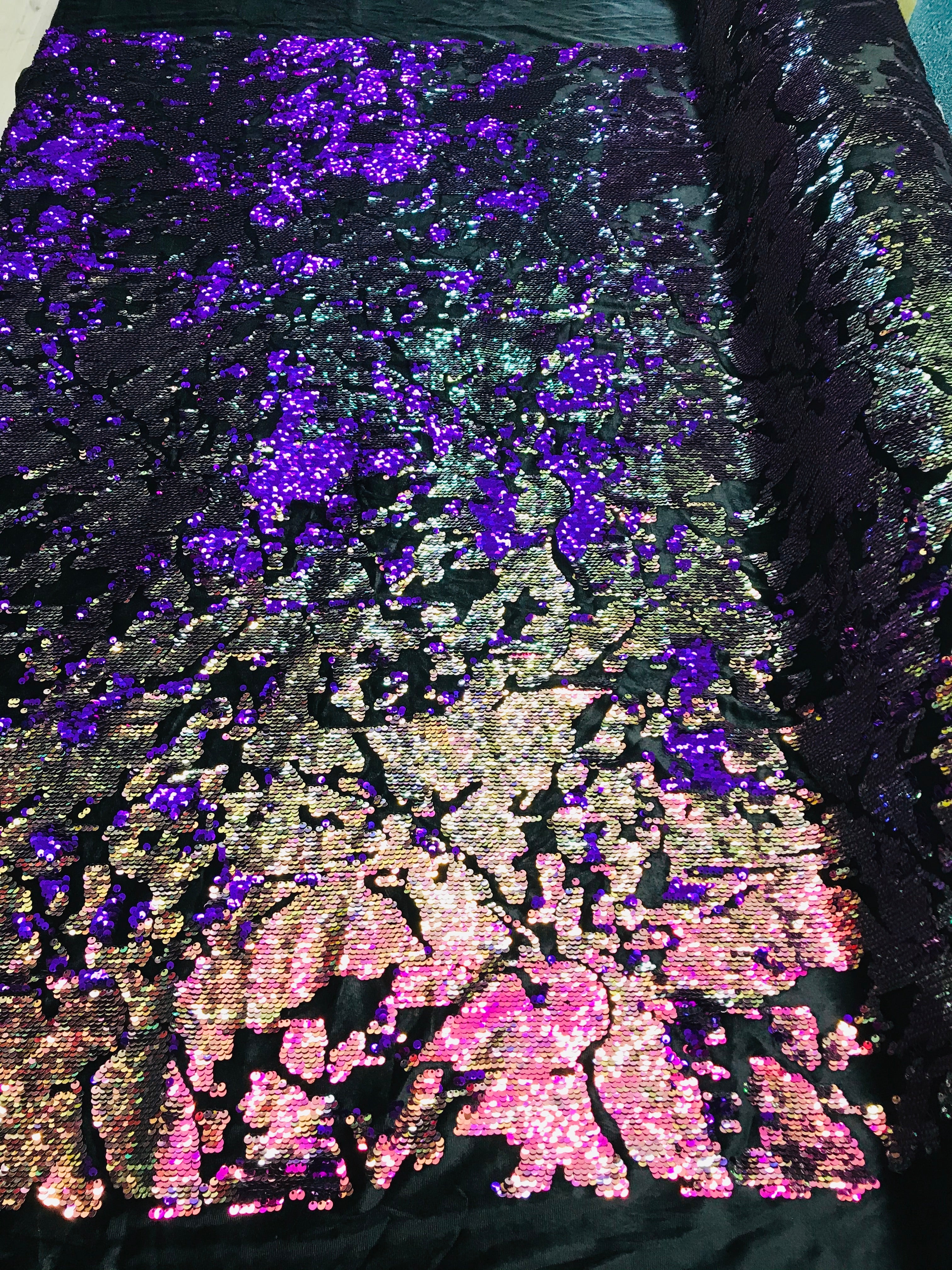 Reversible Velvet Sequins - Iridescent Purple - 2 Way Stretch Shiny Sequins Fabric on Black Velvet