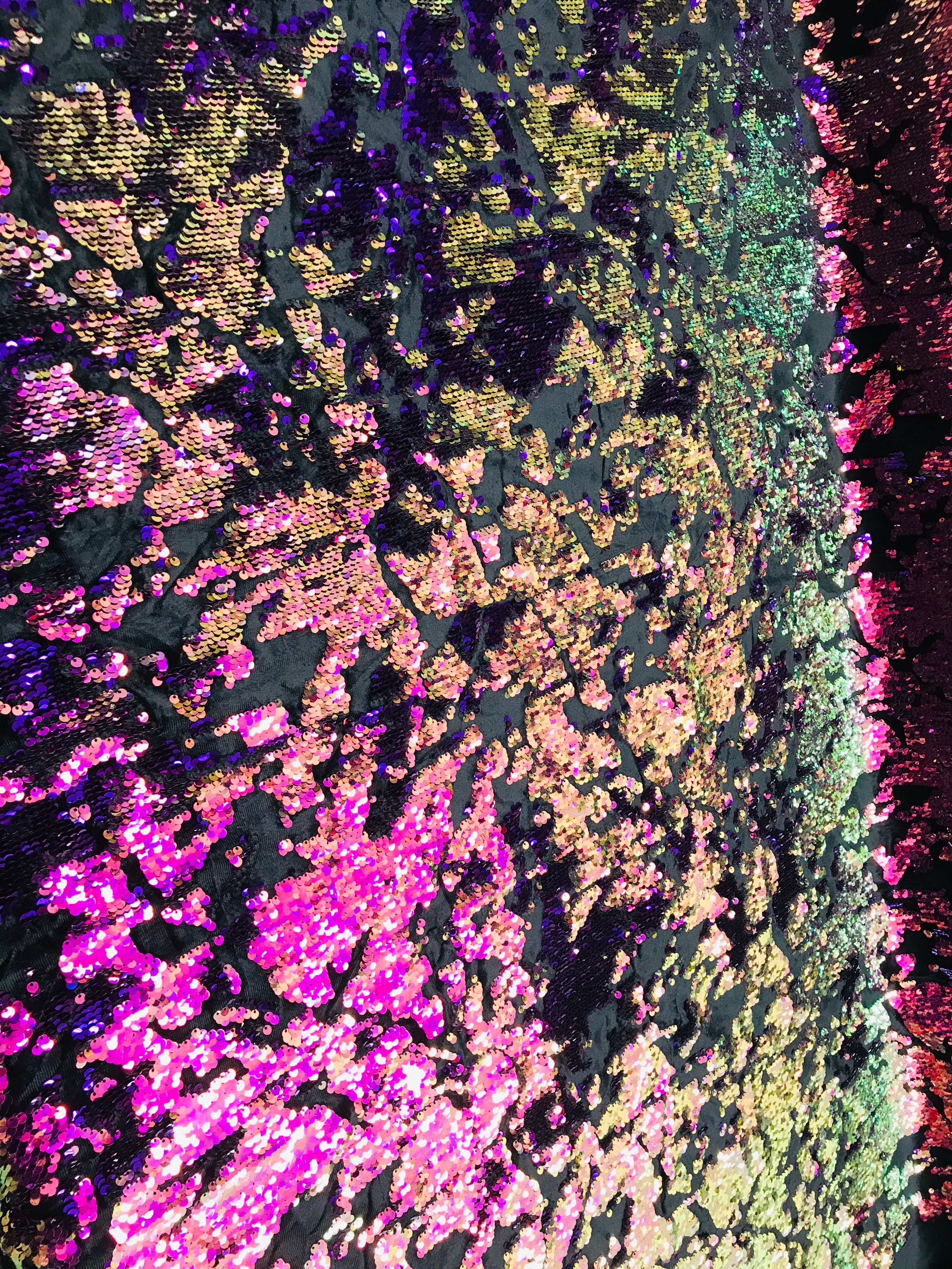 Reversible Velvet Sequins - Iridescent Purple - 2 Way Stretch Shiny Sequins Fabric on Black Velvet