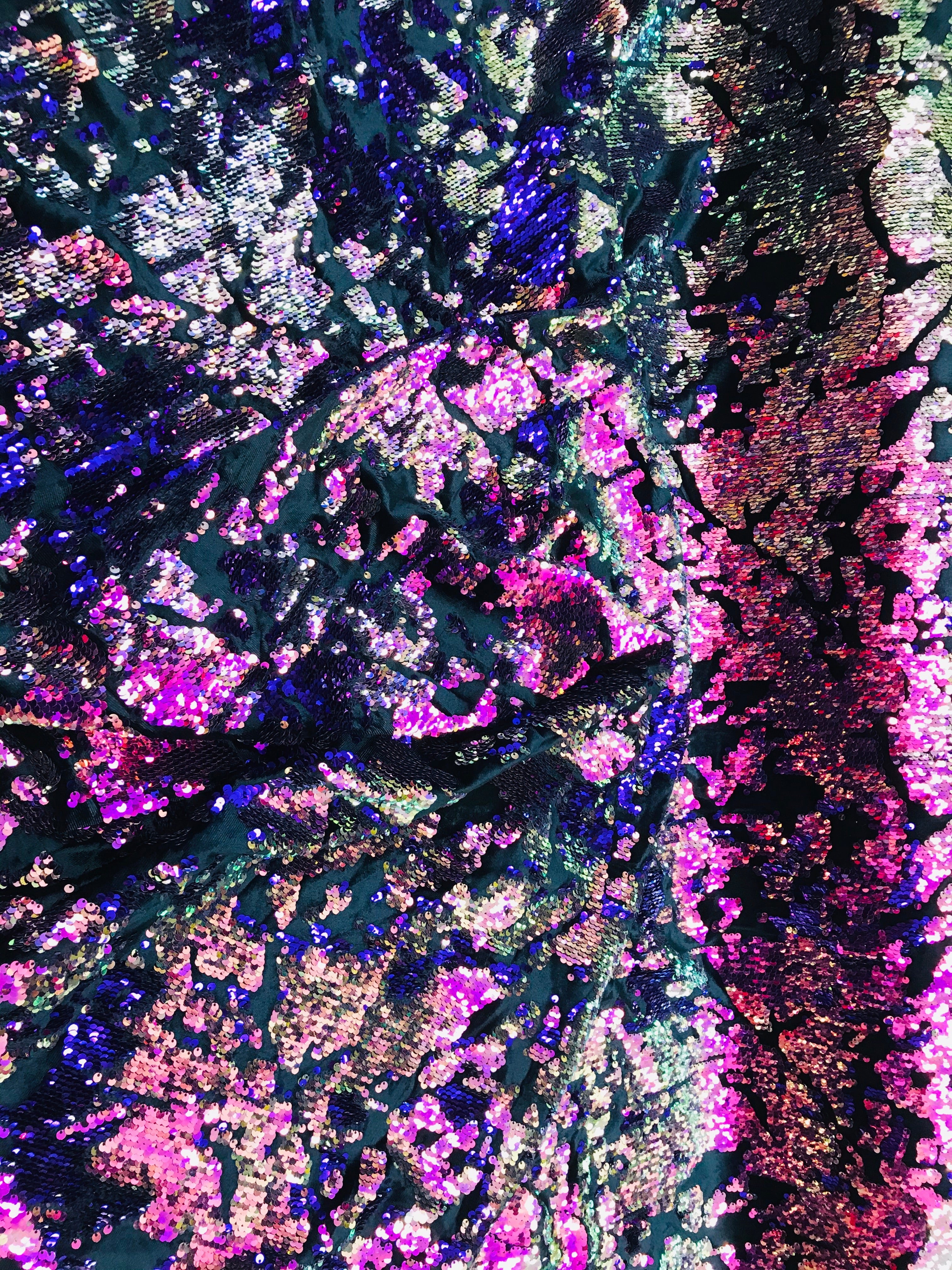 Reversible Velvet Sequins - Iridescent Purple - 2 Way Stretch Shiny Sequins Fabric on Black Velvet