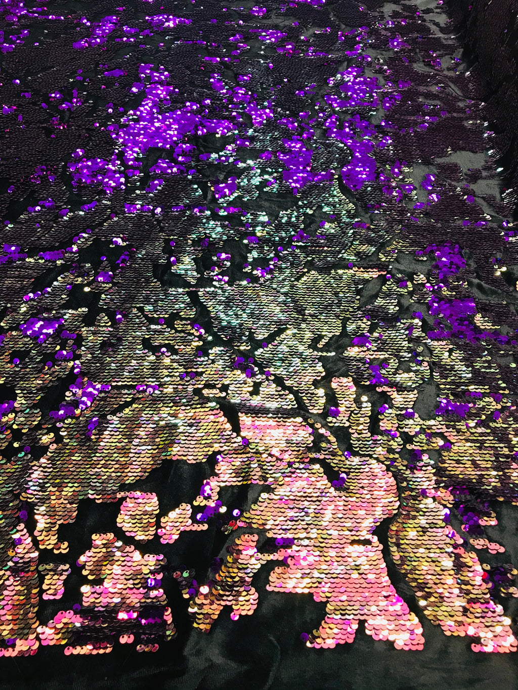 Reversible Velvet Sequins - Iridescent Purple - 2 Way Stretch Shiny Sequins Fabric on Black Velvet