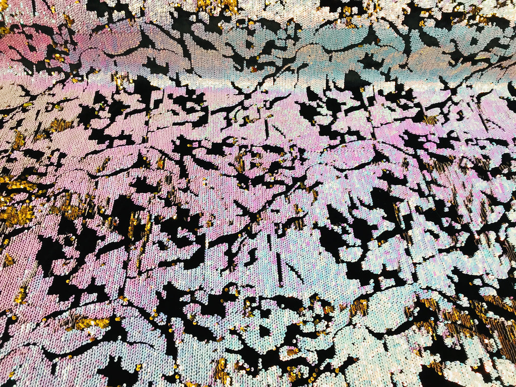 Reversible Velvet Sequins - Unicorn / Gold - 2 Way Stretch Shiny Sequins Fabric on Black Velvet