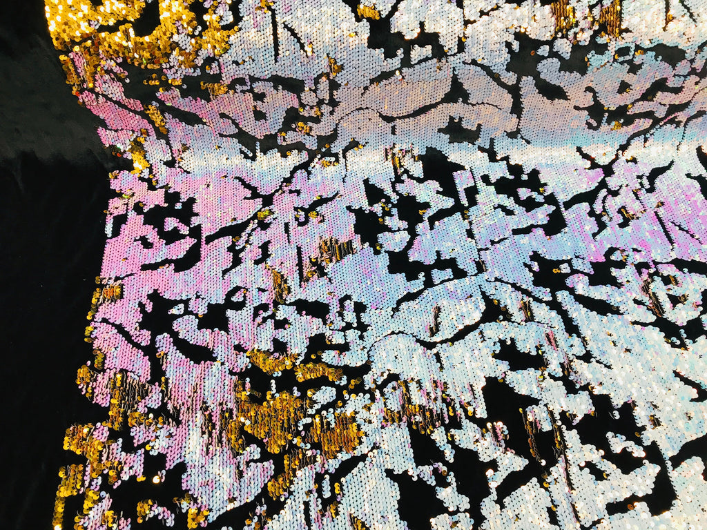 Reversible Velvet Sequins - Unicorn / Gold - 2 Way Stretch Shiny Sequins Fabric on Black Velvet
