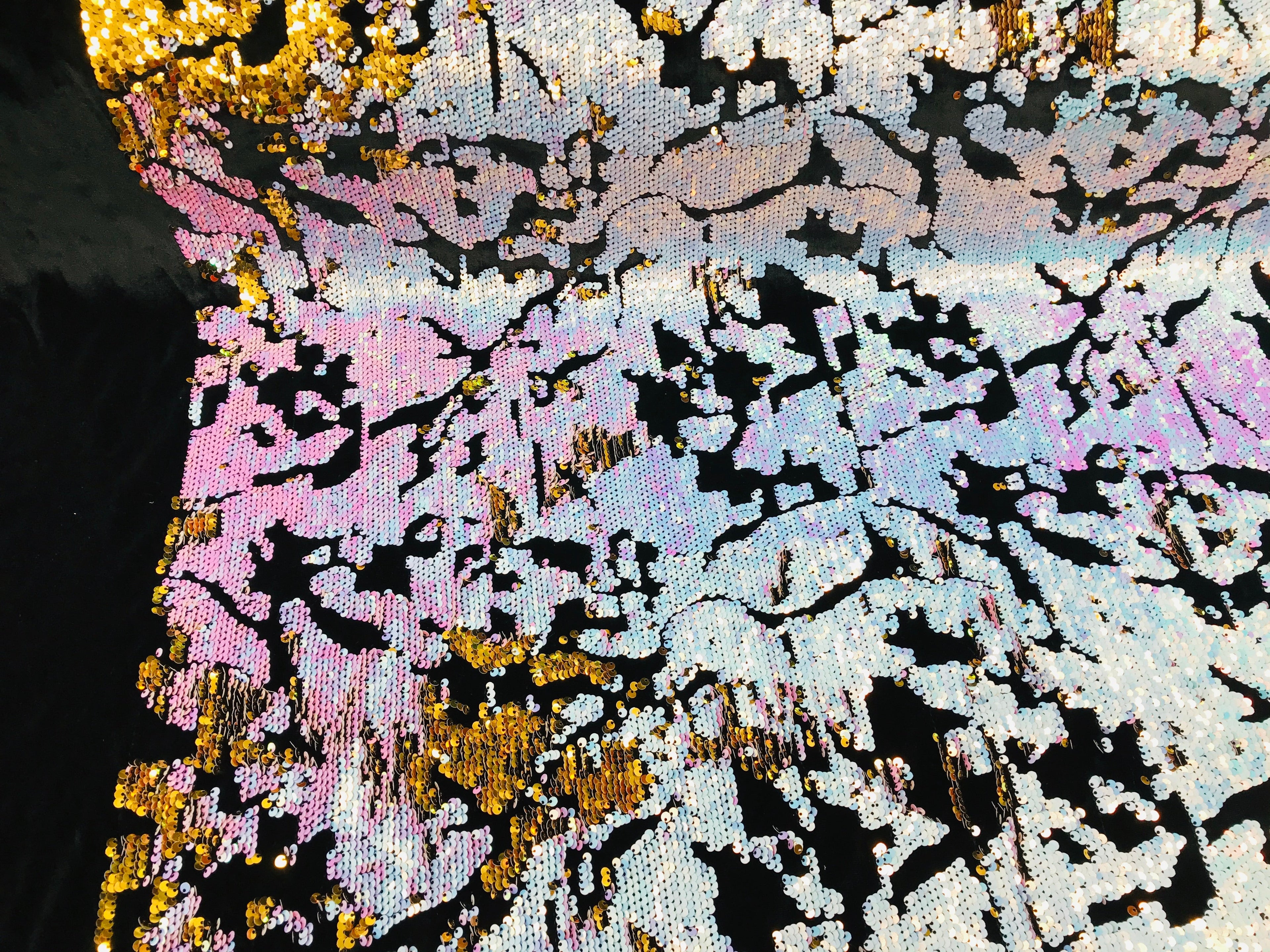Reversible Velvet Sequins - Unicorn / Gold - 2 Way Stretch Shiny Sequins Fabric on Black Velvet
