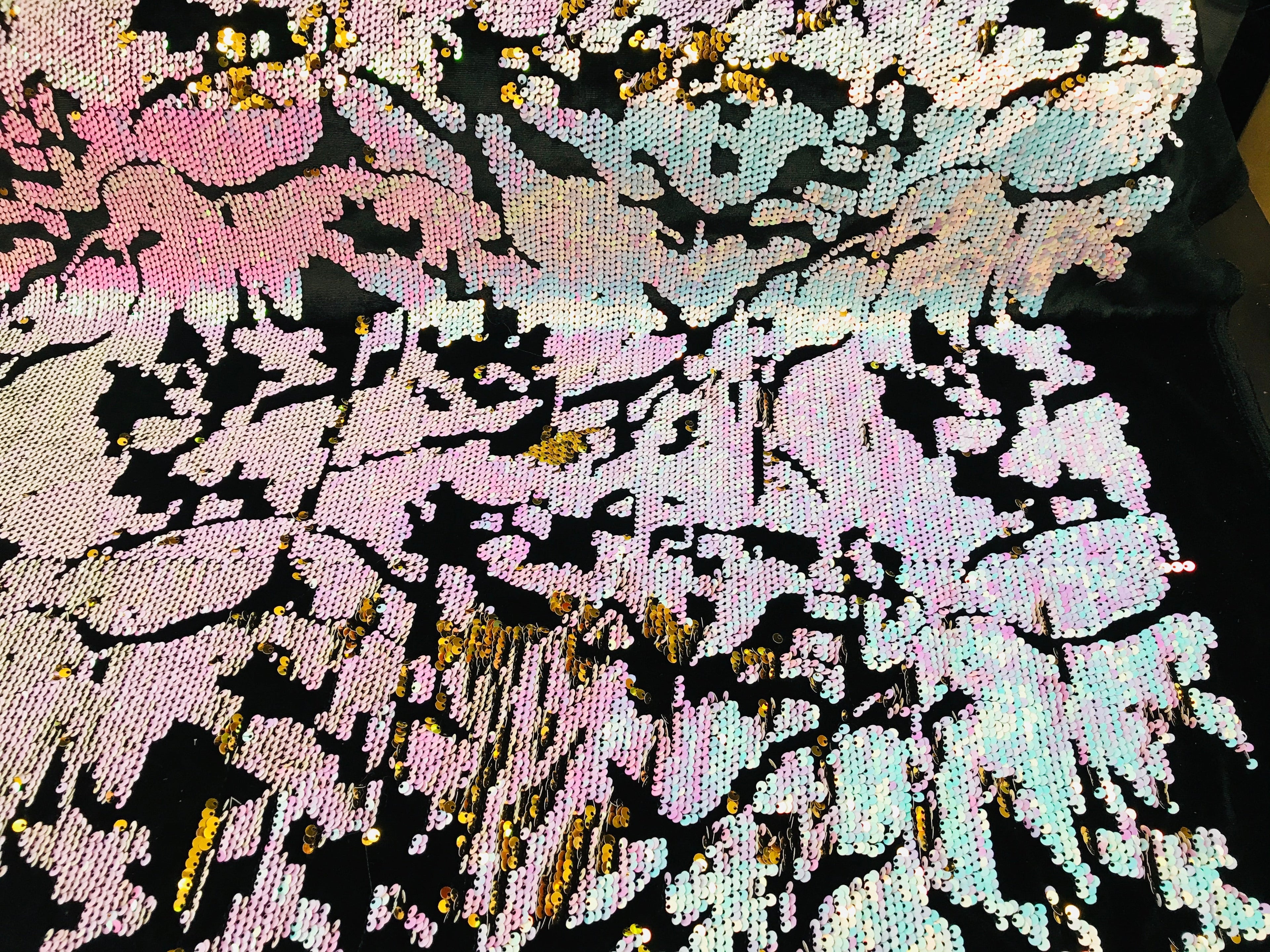 Reversible Velvet Sequins - Unicorn / Gold - 2 Way Stretch Shiny Sequins Fabric on Black Velvet