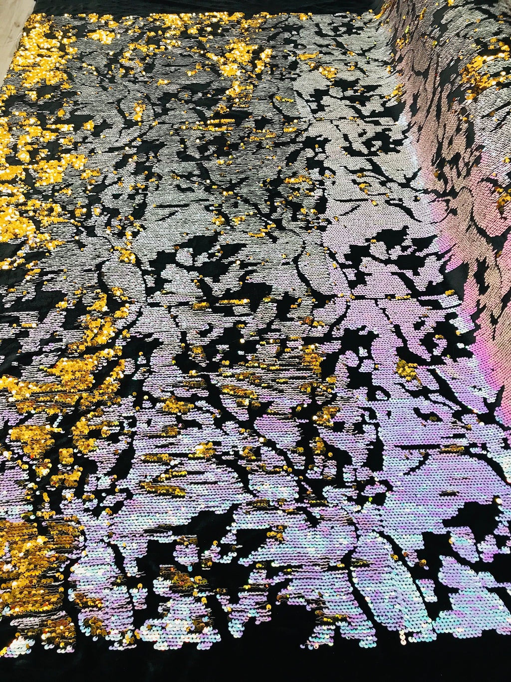 Reversible Velvet Sequins - Unicorn / Gold - 2 Way Stretch Shiny Sequins Fabric on Black Velvet