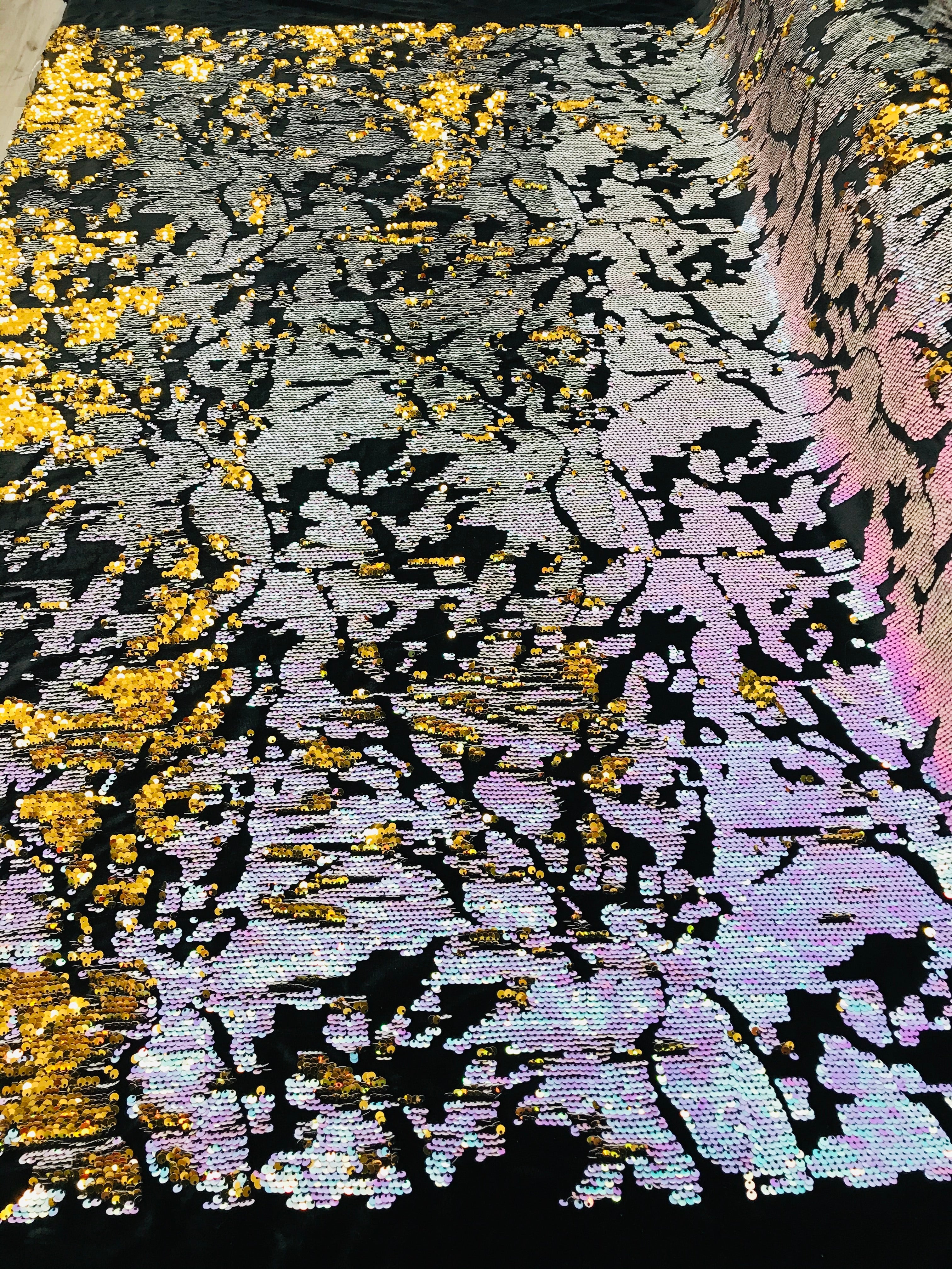 Reversible Velvet Sequins - Unicorn / Gold - 2 Way Stretch Shiny Sequins Fabric on Black Velvet