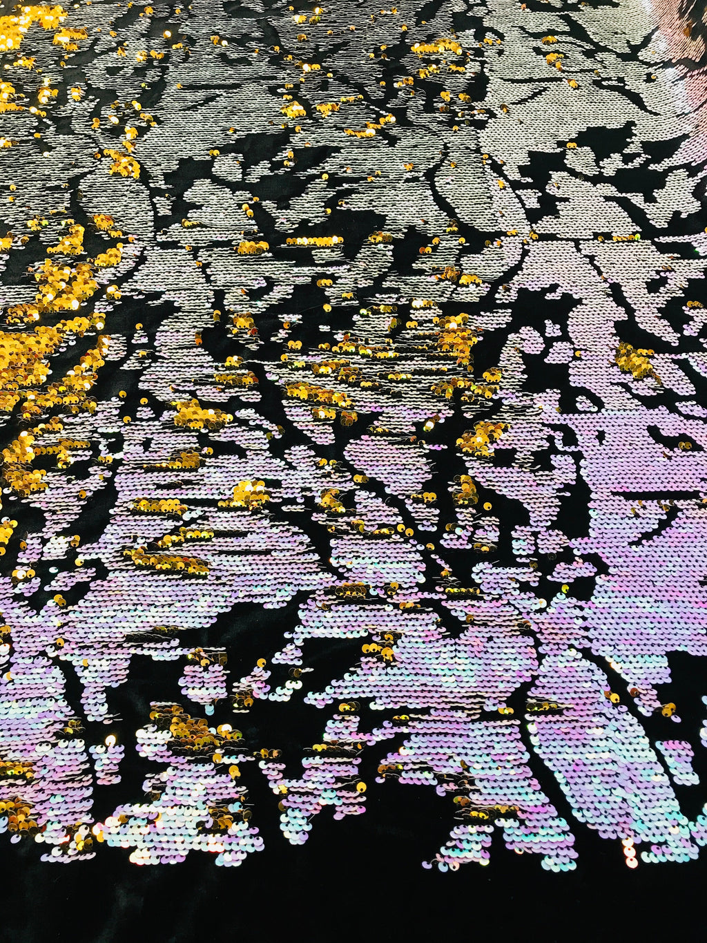 Reversible Velvet Sequins - Unicorn / Gold - 2 Way Stretch Shiny Sequins Fabric on Black Velvet