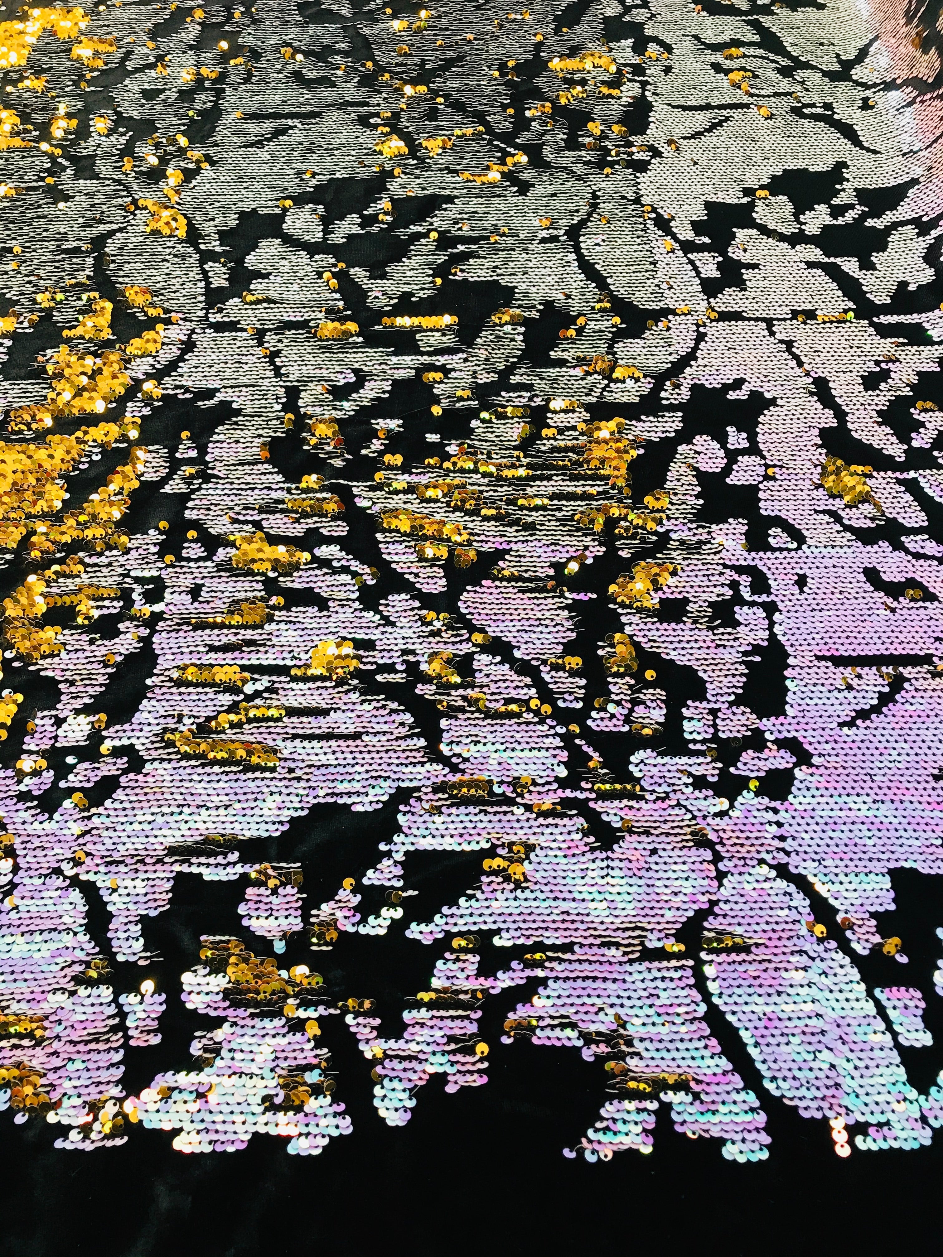 Reversible Velvet Sequins - Unicorn / Gold - 2 Way Stretch Shiny Sequins Fabric on Black Velvet