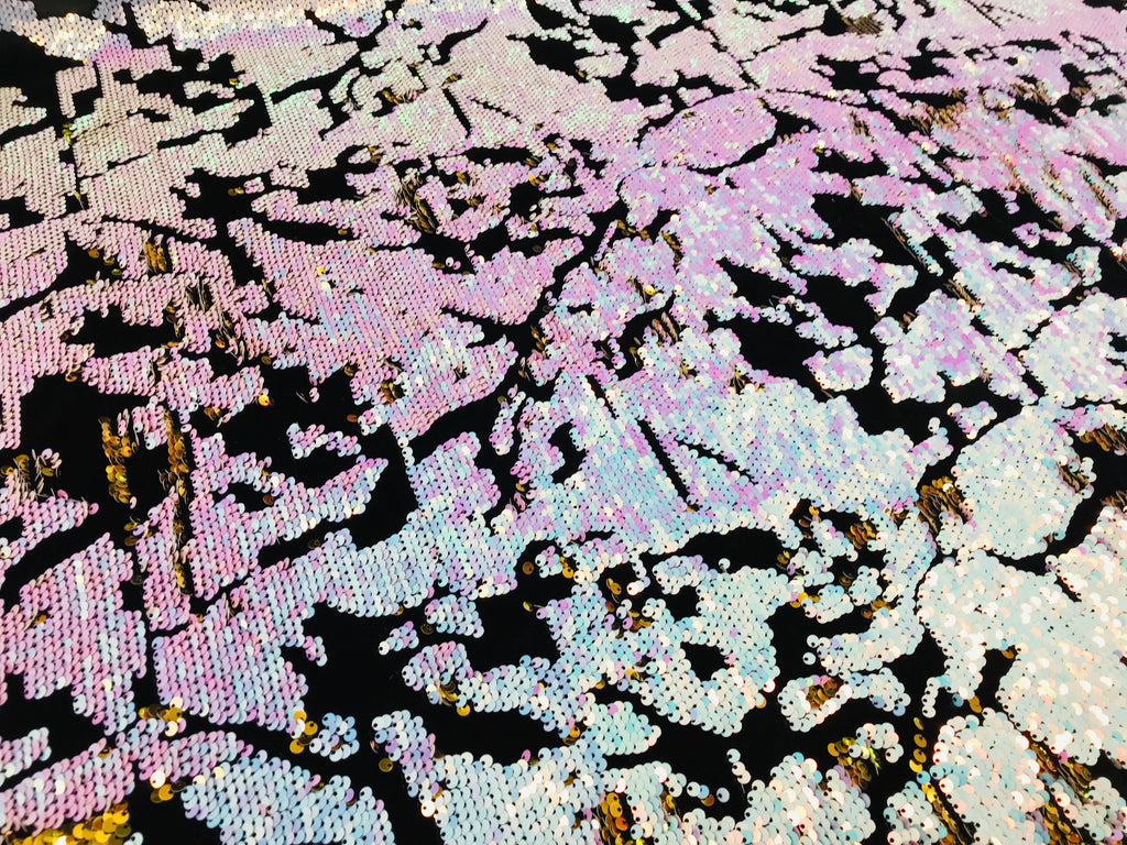 Reversible Velvet Sequins - Unicorn / Gold - 2 Way Stretch Shiny Sequins Fabric on Black Velvet
