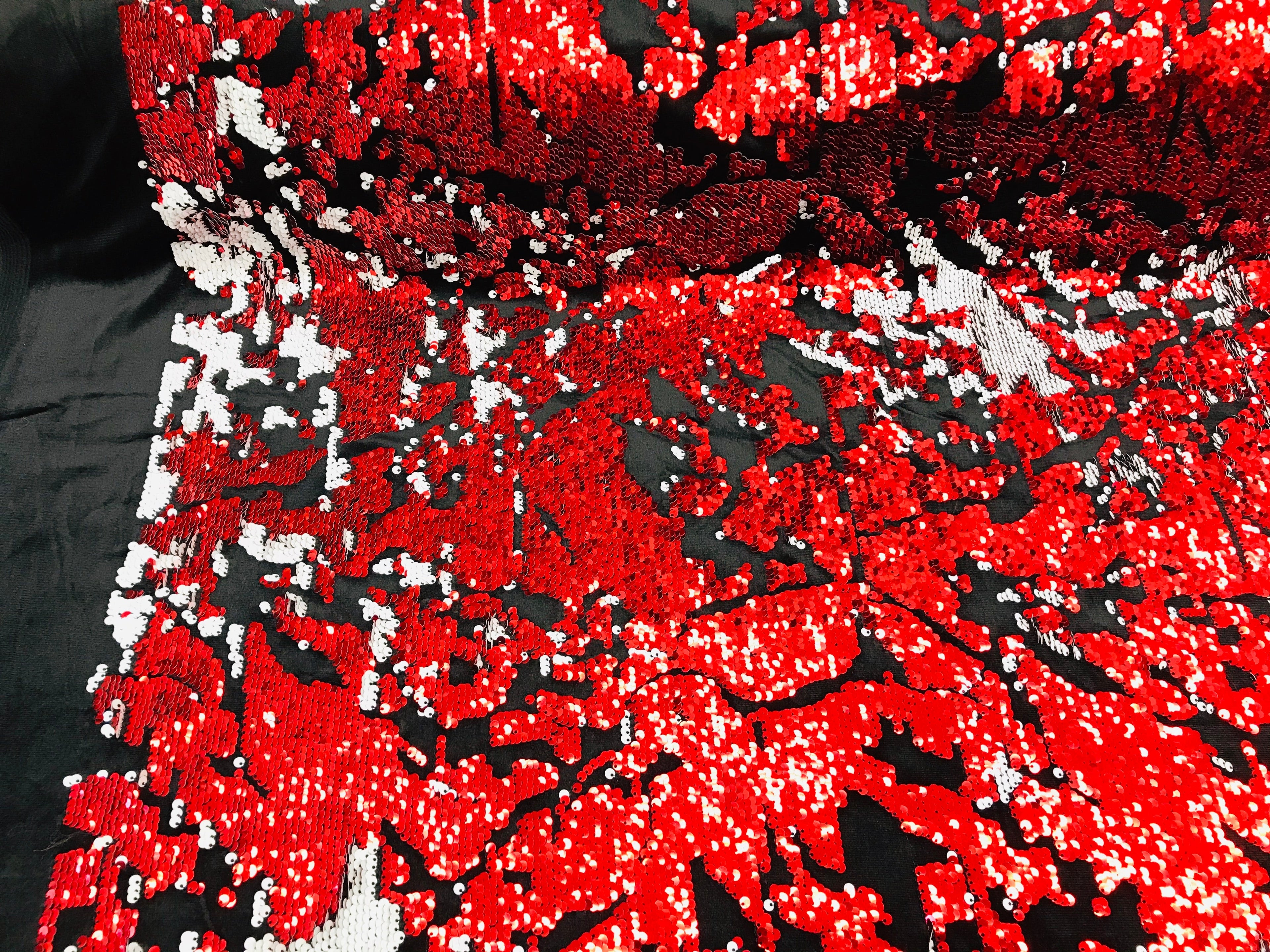 Reversible Velvet Sequins - Red / White - 2 Way Stretch Shiny Sequins Fabric on Black Velvet