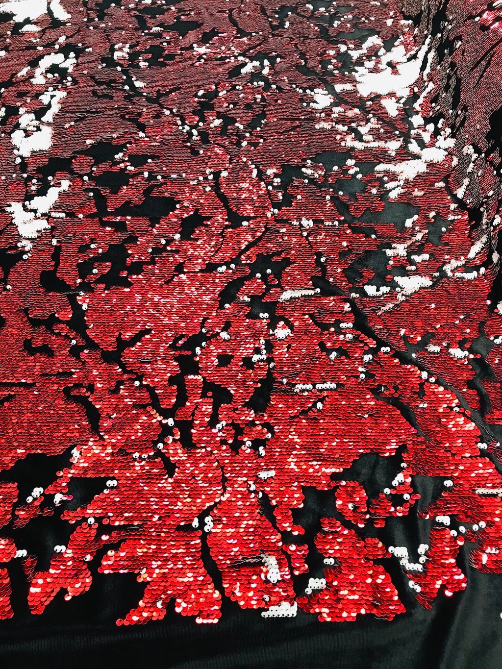 Reversible Velvet Sequins - Red / White - 2 Way Stretch Shiny Sequins Fabric on Black Velvet