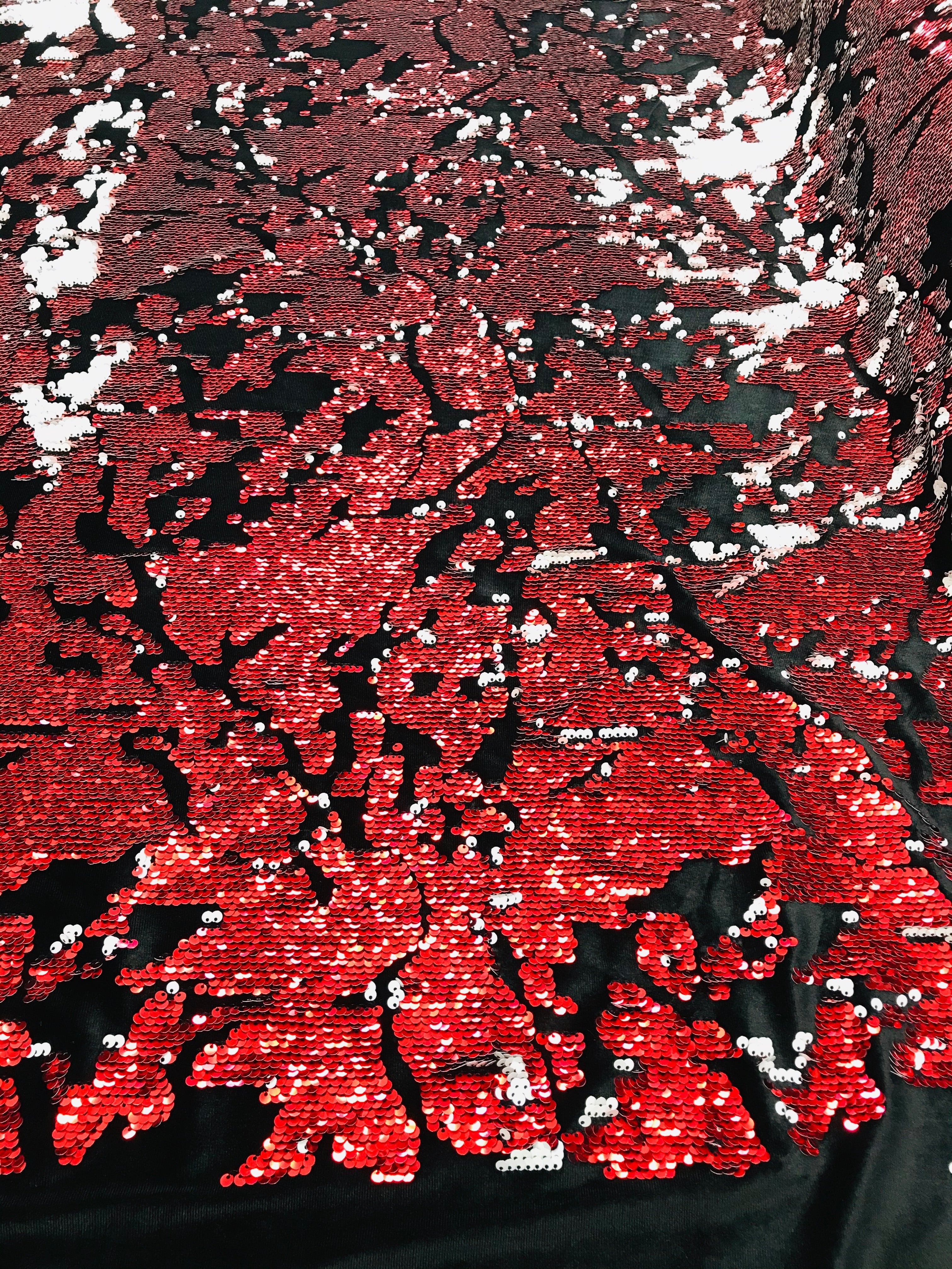Reversible Velvet Sequins - Red / White - 2 Way Stretch Shiny Sequins Fabric on Black Velvet