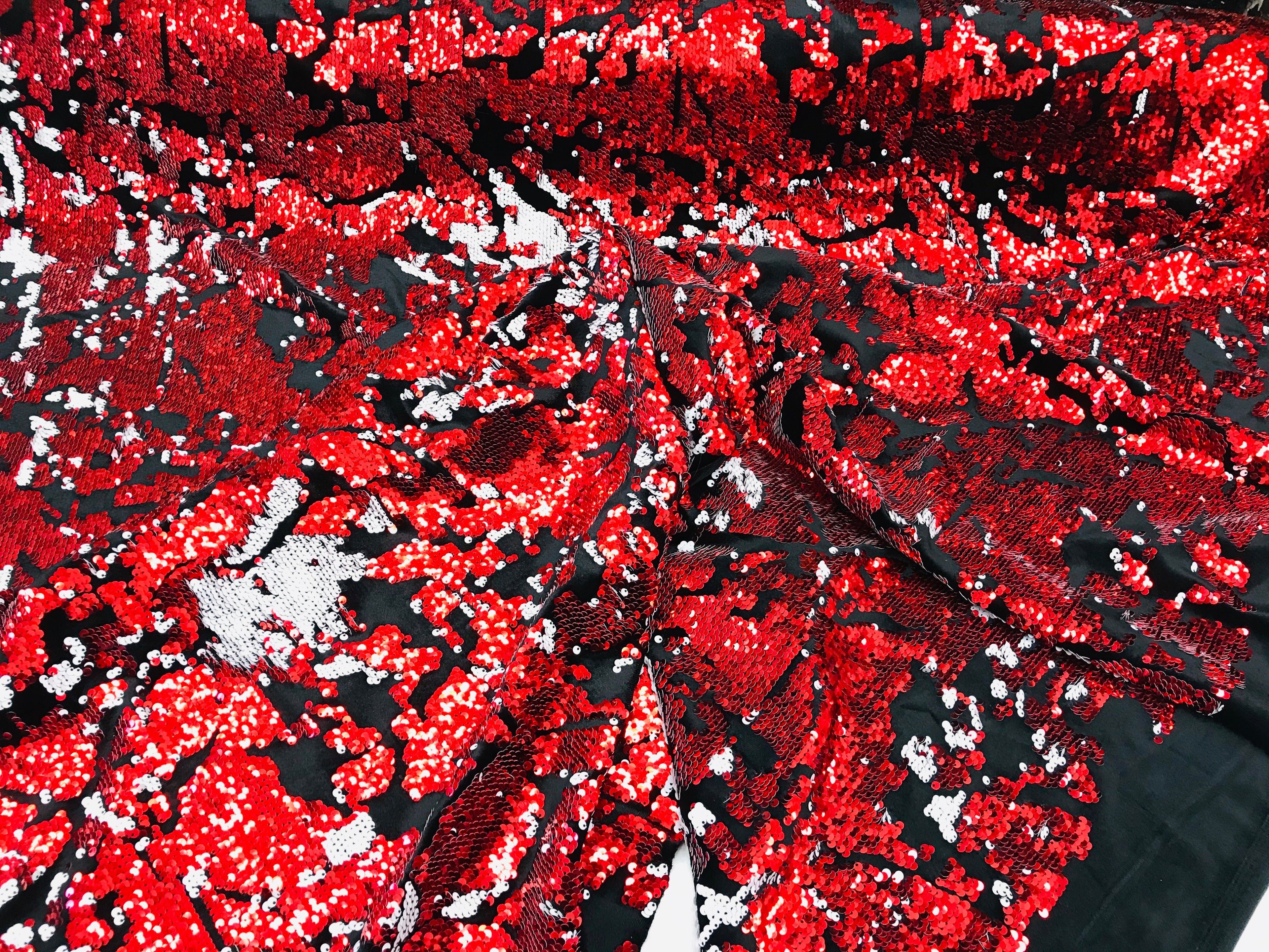 Reversible Velvet Sequins - Red / White - 2 Way Stretch Shiny Sequins Fabric on Black Velvet