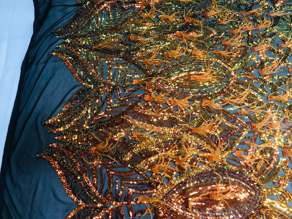 Luxury Feather Sequins - Champagne - 4 Way Stretch Glamorous Shine Fringe Feather Sequins Fabric